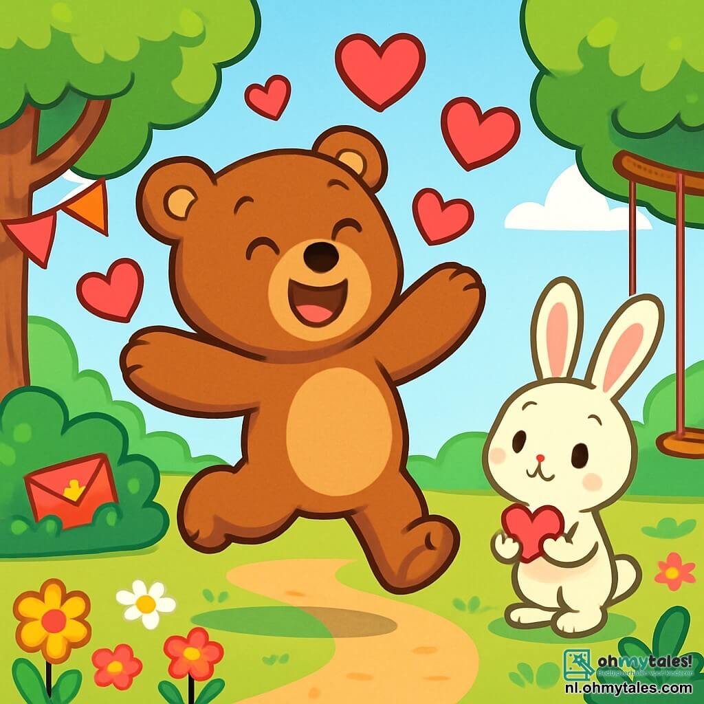 Een vrolijke teddybeer, genaamd Bram, met een zachte bruine vacht en sprankelende ogen, springt blij in een zonnig park, omringd door zwevende roze en rode harten. Naast hem kijkt een klein wit konijntje genaamd Kiki, met grote oren en een verlegen glimlach, nieuwsgierig toe terwijl het een klein papieren hart vasthoudt. Het park is gevuld met kleurrijke bloemen, grote groene bomen en decoratieve slingers die aan de takken hangen. Bram en Kiki bereiden een schattenjacht voor Valentijnsdag voor, waarbij ze lekkernijen en verrassingskaarten verstoppen onder de struiken en bij de schommels, vol opwinding en vriendschap.