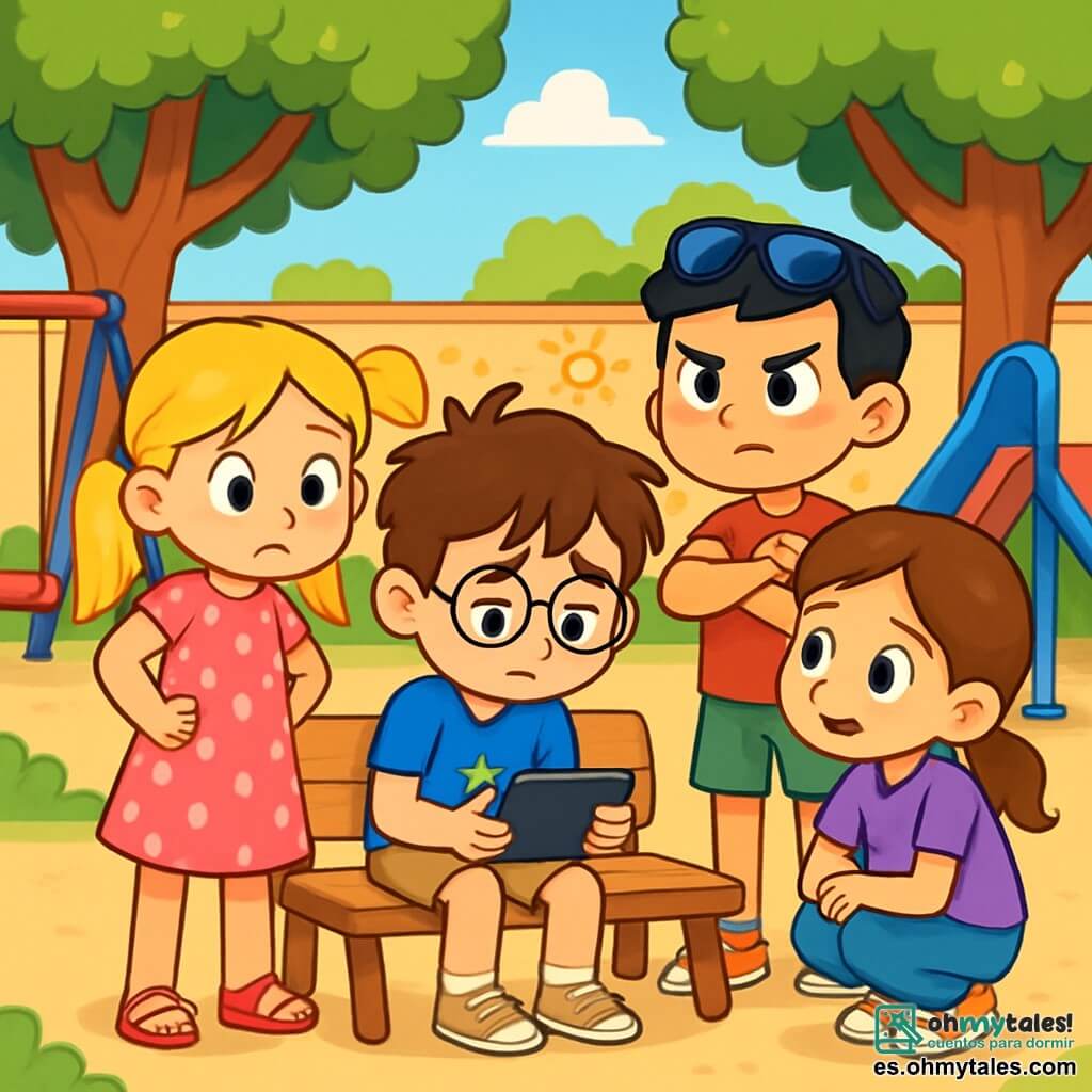 Hay 4 niños: - Lucas: un niño de 7 años, con cabello castaño desordenado y gafas redondas. Lleva una camiseta azul con un dragón y un pantalón corto beige. Está sentado en un banco, con aire triste, sosteniendo una tableta en sus manos. - Carmen: una niña de 7 años, con cabello largo y rubio, atado en dos coletas. Lleva un vestido rosa con lunares y sandalias. Está al lado de Lucas, con una mirada preocupada y las manos en las caderas. - Diego: un niño de 8 años, con cabello negro y gafas de sol en la cabeza. Lleva una camiseta roja y un pantalón corto verde. Está de pie, con los brazos cruzados, mostrando una expresión decidida, listo para defender a su amigo. - Sofía: una niña de 7 años, con cabello castaño y una pequeña trenza. Lleva una camiseta violeta y jeans. Está agachada cerca de Lucas, hablándole suavemente para reconfortarlo. La escena tiene lugar en un patio escolar soleado, rodeado de grandes árboles con hojas verdes brillantes. Hay juegos coloridos dispersos, como un columpio rojo y un tobogán azul. Al fondo, se ve una pared decorada con dibujos de niños y palabras positivas. La situación principal muestra a Lucas, triste y preocupado, leyendo mensajes en su tableta, mientras que Carmen, Diego y Sofía lo rodean, mostrando expresiones de apoyo y determinación. Diego, con un puño levantado, parece listo para defender a su amigo, mientras que Carmen y Sofía le ofrecen palabras reconfortantes.