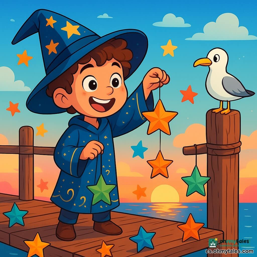 Un joven niño, Nico, aprendiz de mago de seis años, con cabello rizado y una gran sonrisa maravillada, se encuentra en un viejo muelle de madera. Lleva un sombrero de mago demasiado grande, adornado con estrellas, y una túnica azul con motivos dorados. Está colgando estrellas de papel de colores, con los ojos brillantes de emoción. Cerca, una gaviota blanca, curiosa, observa la escena, posada en un poste, con una mirada divertida. El cielo es de un azul brillante, salpicado de algunas nubes esponjosas, y el sol se pone, tiñendo el horizonte de tonos dorados y rosados. El muelle está decorado con numerosas estrellas de papel que flotan suavemente, creando una atmósfera mágica y alegre, mientras el agua brilla bajo los últimos rayos del sol.