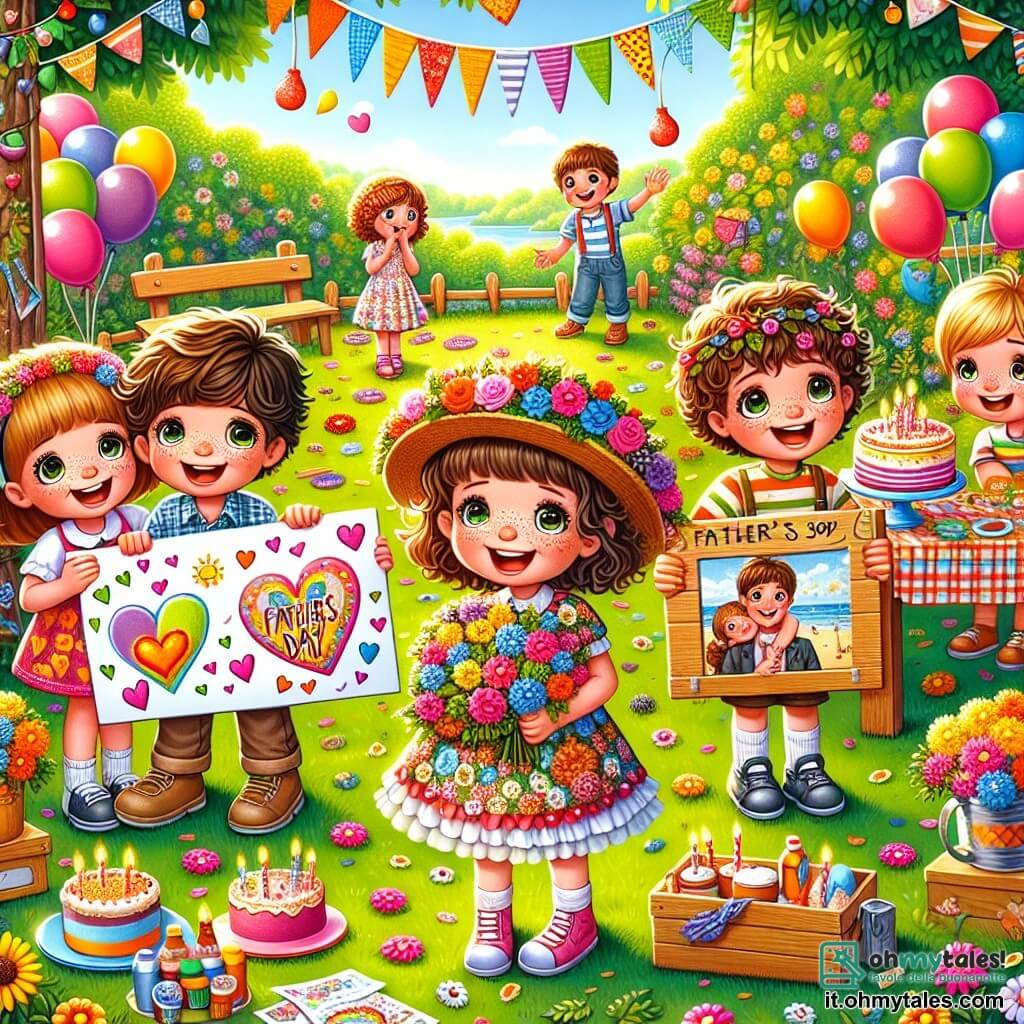 In un cortile scolastico colorato, cinque bambini di sette anni si riuniscono per celebrare la festa del papà. Marco, un ragazzo dai capelli ricci e dal grande sorriso, indossa un cappello da giardinaggio decorato con fiori di carta e tiene un grande cartello con la scritta "Buona festa, Papà!". Chiara, una ragazza dai capelli lunghi e castani, è alla sua destra, indossa un vestito colorato e tiene un grande cartone dove ha scritto una poesia per suo papà, con disegni di cuori. Luca, un ragazzo dai capelli corti e biondi, è a sinistra di Marco e ha in mano una cornice di legno con una foto di lui e suo padre in spiaggia, con un grande sorriso. Sullo sfondo, altri due bambini, una ragazza e un ragazzo, stanno preparando dolci e bevande su un tavolo decorato con palloncini colorati e festoni. Il cortile è pieno di risate e gioia, con alberi verdi e fiori vivaci intorno. I bambini sono circondati da decorazioni festive, creando un'atmosfera calda e gioiosa. In lontananza, i papà arrivano, sorpresi e felici, pronti a partecipare alla festa.