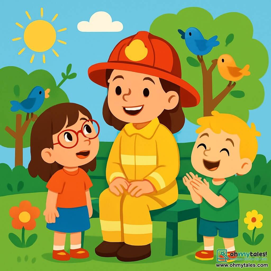 A smiling firefighter, Firefighter Ruby, is sitting on a green bench in a sunny park. She wears a red hat and a yellow jacket, her eyes shining with joy and pride. Next to her, two children, Mia and Sam, are standing. Mia, a 6-year-old girl with brown hair and glasses, looks at Ruby in awe. Sam, a 5-year-old boy with blonde hair, claps enthusiastically. The park is filled with colorful flowers, green trees, and a clear blue sky. Birds are singing in the branches. Firefighter Ruby tells stories of courage and friendship while Mia and Sam listen attentively, their faces lit up with curiosity and admiration.