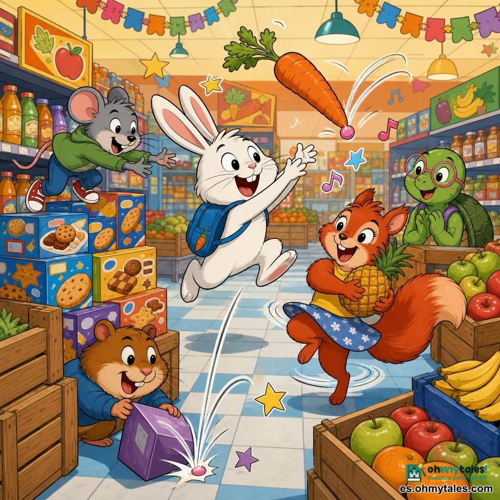 Bruno, pequeño conejo blanco de largas orejas y sonrisa amplia con mochila azul, salta para atrapar una gran zanahoria naranja que rebota por un chicle pegado; Lola, ardilla pelirroja de cola esponjosa, gira riendo con una piña; Leo, ratoncito gris, sube cajas de galletas para ayudar; Tina, tortuga verde con gafas rosas, observa y aplaude; Max, hámster marrón, empuja discretamente una caja para hacer rebotar la zanahoria; todo en un pasillo de supermercado colorido con estantes bajos, cajas de fruta y ambiente alegre, con movimiento y risas.