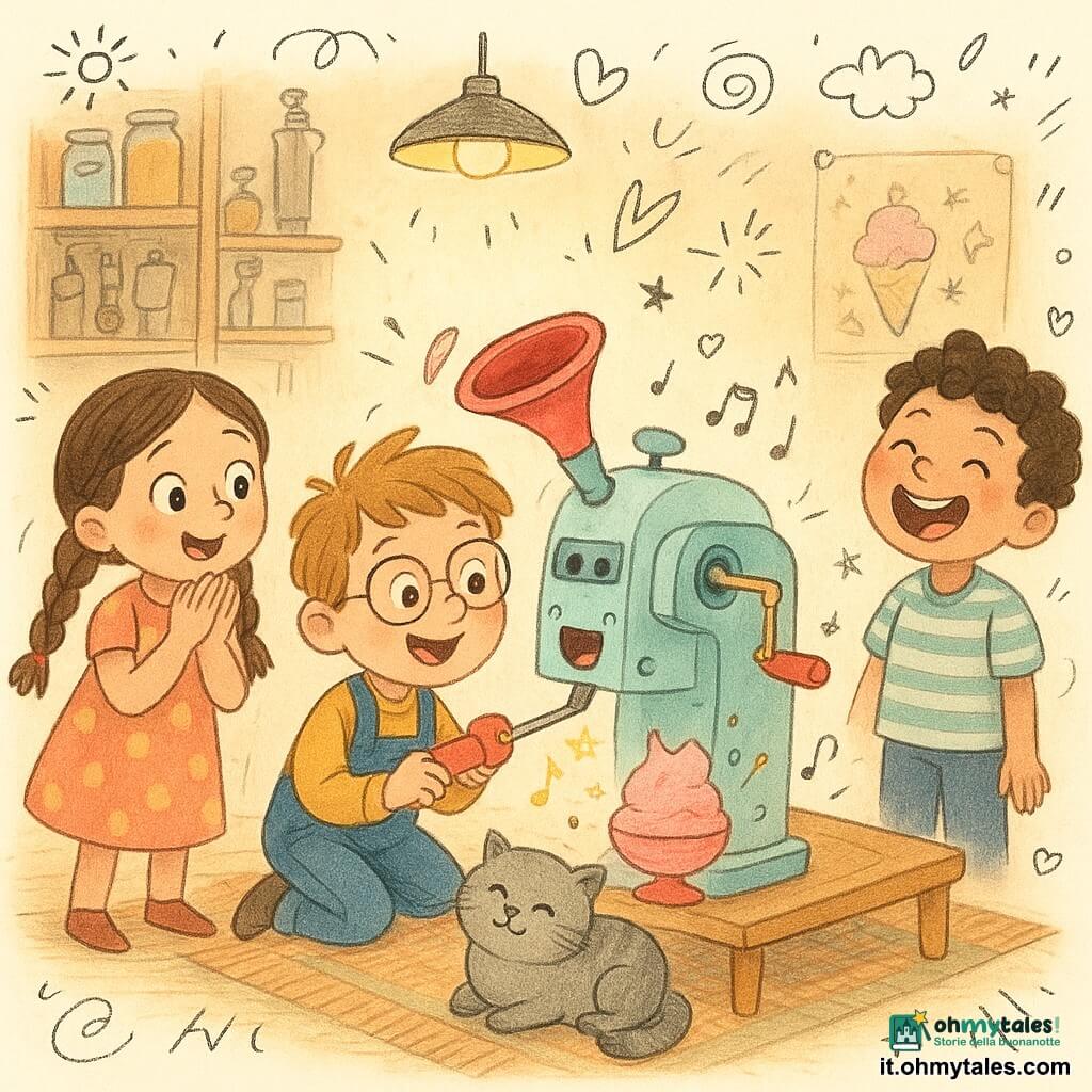 Un uomo, Leo, piccolo e sorridente con occhi tondi e occhiali, capelli castano chiaro spettinati, tiene un grosso cacciavite rosso e aggiusta una macchina colorata che fa gelato cantando; una bimba, Mia, ~7 anni, trecce e vestito a pois, applaude a sinistra; un bambino, Nino, ~8 anni, capelli corti e ricci, maglietta a righe, ride a destra; un gatto grigio, Baffo, rotondo, ronfa su un tappeto davanti alla macchina curiosamente; laboratorio con scaffali in legno, barattoli colorati, attrezzi, poster scarabocchiati, luce calda da una lampada sospesa e pavimento in assi con un grande tappeto; la macchina del gelato è un grande congegno in metallo pastello con tromba rossa, pale visibili, pulsanti blu e una piccola bocca che canta; una coppetta a forma di barca rosa danza sulla tavola proiettando stelle e note. Stile: colori vivaci, texture a matita e acquerello, tratti morbidi, espressioni esagerate e forme rotonde, atmosfera giocosa e rassicurante.
