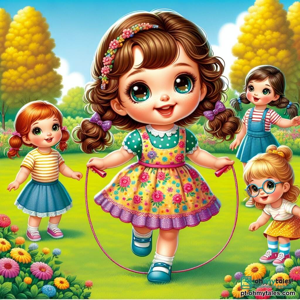 No centro da imagem, Lila, uma menina de três anos, tem grandes olhos brilhantes e cabelos cacheados castanhos. Ela usa um vestido colorido com estampas de flores e sorri alegremente. À sua direita, Mia, uma menina de cerca de seis anos, tem cabelos longos e lisos, trançados em duas tranças. Ela veste um vestido de bolinhas e segura uma corda de pular. À esquerda, Nia, outra menina de cinco anos, tem cabelos cacheados e usa uma saia de jeans com uma camiseta listrada. Ela levanta os braços, pronta para pular. Por fim, Tia, uma menina de quatro anos com cabelos curtos e óculos, veste um vestido amarelo e observa Lila com curiosidade. O cenário é um parque verdejante do passado, com grandes árvores de folhas douradas, flores coloridas por toda parte e um céu azul claro com nuvens brancas fofas. Ao longe, vê-se crianças brincando com brinquedos de madeira e animais correndo na grama. A situação principal mostra Lila, cercada por suas novas amigas, pulando corda com entusiasmo. Elas riem juntas, criando uma atmosfera alegre e cheia de vida, enquanto borboletas coloridas voam ao redor, adicionando um toque mágico a esta cena de amizade e aventura.