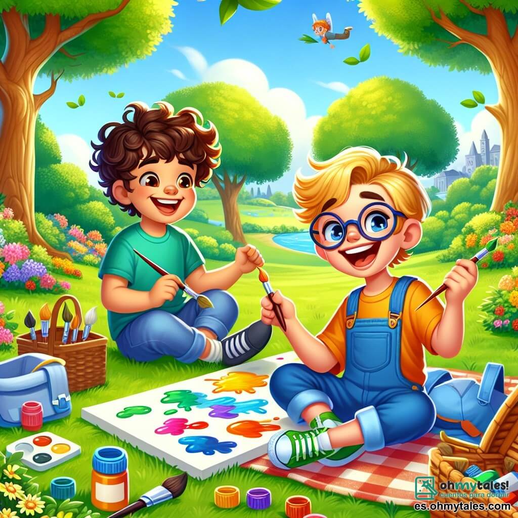 Un niño de 10 años, Lucas, con cabello castaño y rizado, y una gran sonrisa de emoción en su rostro, está sentado en la hierba verde del parque, pintando un mural colorido con colores vivos. A su lado, su amigo Diego, también de 10 años, con gafas y cabello rubio, sostiene un pincel y ríe alegremente mientras añade detalles a la pintura. Al fondo, majestuosos árboles con hojas brillantes y flores coloridas rodean el parque, mientras un cielo azul claro ilumina la escena. Lucas y Diego están inmersos en su actividad creativa, compartiendo un momento de felicidad y camaradería, lejos de las pantallas.