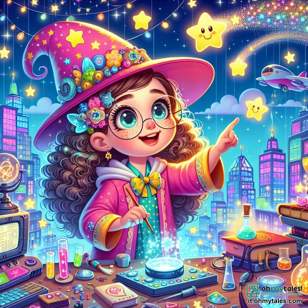 Una ragazza di 6 anni, Luna, con grandi occhi scintillanti e capelli ricci, indossa un cappello da mago pieno di lucciole scintillanti e un camice da scienziato dai colori vivaci. Ha un sorriso stupito sul volto, mentre tiene un piccolo telescopio a forma di stella, osservando il cielo. Accanto a lei, sua madre, una donna di circa 30 anni con occhiali rotondi e capelli raccolti in uno chignon, è occupata a programmare un calderone digitale, circondata da libri di magia e gadget scientifici. Si trova leggermente sullo sfondo, guardando sua figlia con orgoglio. La scena si svolge nella città fantastica di Magitec, dove gli edifici sono fatti di vetro colorato e auto volanti sfrecciano nel cielo blu. Stelle brillanti danzano sopra le nuvole, creando un'atmosfera magica e gioiosa. Luna, affascinata, osserva le stelle che saltano e girano nel cielo, chiedendosi perché sembrano giocare. L'aria è piena di una dolce luce e di un'atmosfera di curiosità e meraviglia.
