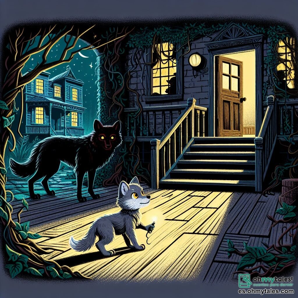 Un pequeño lobo de ojos amarillos brillantes y pelaje gris, con una expresión de curiosidad mezclada con aprensión, se encuentra frente a una vieja casa abandonada, cubierta de enredaderas y sombras, con la puerta entreabierta dejando escapar una luz misteriosa. Dentro, una figura oscura, un lobo de pelaje negro como la noche y ojos rojos brillantes, observa al pequeño lobo con una expresión seria y benevolente, cerca de la escalera que lleva al piso superior. El lugar es un claroscuro, donde la luz de la luna filtra a través de las ventanas rotas, proyectando sombras danzantes sobre el suelo de madera desgastada, creando una atmósfera mágica y inquietante. La situación principal muestra al pequeño lobo dudando en entrar en la casa, mientras que el lobo negro, guardián de este lugar, lo anima silenciosamente a superar sus miedos y descubrir los misterios que se esconden allí.