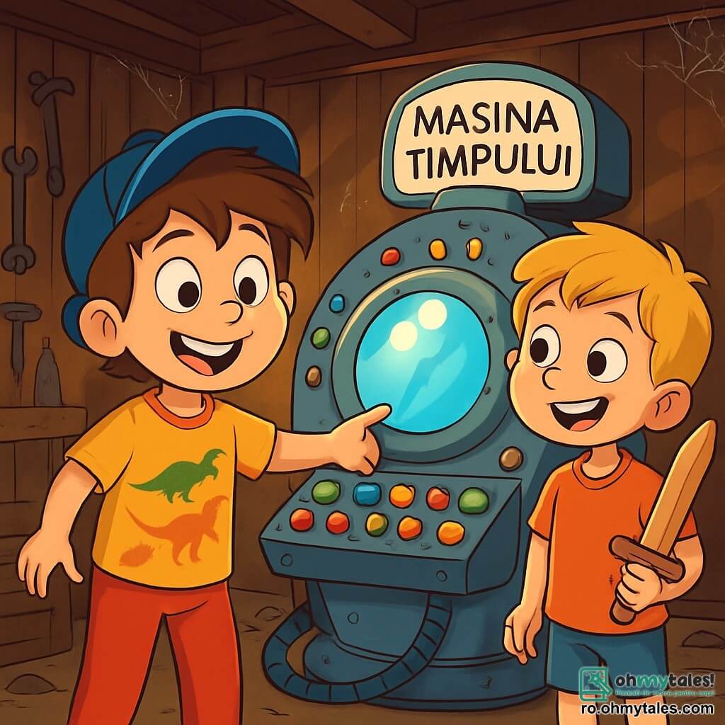 Un băiat de 8 ani, pe nume Matei, cu părul castaniu și un zâmbet încântat, stă în fața unei mașini de călătorie în timp. Poartă o șapcă albastră, un tricou cu dinozauri și pantaloni roșii, iar ochii lui strălucesc de entuziasm și curiozitate. Lângă el, un alt băiat pe nume Vlad, de aproximativ 9 ani, cu părul blond și ochi sclipitori, observă mașina cu un aer intrigat, ținând o sabie din lemn în mână. Decorul este un vechi hambar din lemn, plin de praf și pânze de păianjen, cu raze de lumină filtrându-se prin crăpăturile pereților. Într-un colț, uneltele ruginite și lăzile vechi sunt împrăștiate. Mașina de călătorie în timp este rotundă, cu lumini intermitente și butoane colorate, emanând o strălucire misterioasă. Situația principală îl arată pe Matei, pregătit să apese un buton al mașinii, în timp ce Vlad îl încurajează, amândoi fiind nerăbdători să înceapă o nouă aventură în timp.