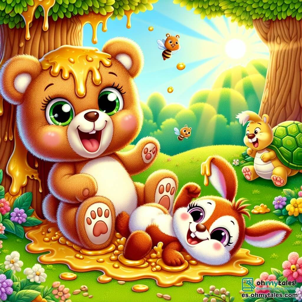 Un adorable oso de peluche llamado Pipo, con un suave pelaje marrón y ojos chispeantes, ríe a carcajadas sentado sobre un tronco cubierto de miel. A su lado, una ardilla llamada Cuca, con pelaje rojo y cola esponjosa, intenta liberarse de la melaza, mostrando una expresión de sorpresa y diversión. Un alegre conejo llamado Rufi, de grandes orejas y pelaje blanco, rueda por el suelo riendo mientras intenta zafarse, mientras que una tortuga llamada Lola, con caparazón verde y ojos redondos, observa la escena con una sonrisa divertida, aunque un poco perpleja. El escenario es un encantador bosque soleado, con árboles majestuosos de hojas verdes brillantes, flores coloridas esparcidas por el suelo y un suave rayo de sol filtrándose entre las ramas. La situación principal muestra a Pipo y sus amigos, todos cubiertos de miel, riendo juntos después de haber caído en una broma hilarante, creando una atmósfera alegre y lúdica.