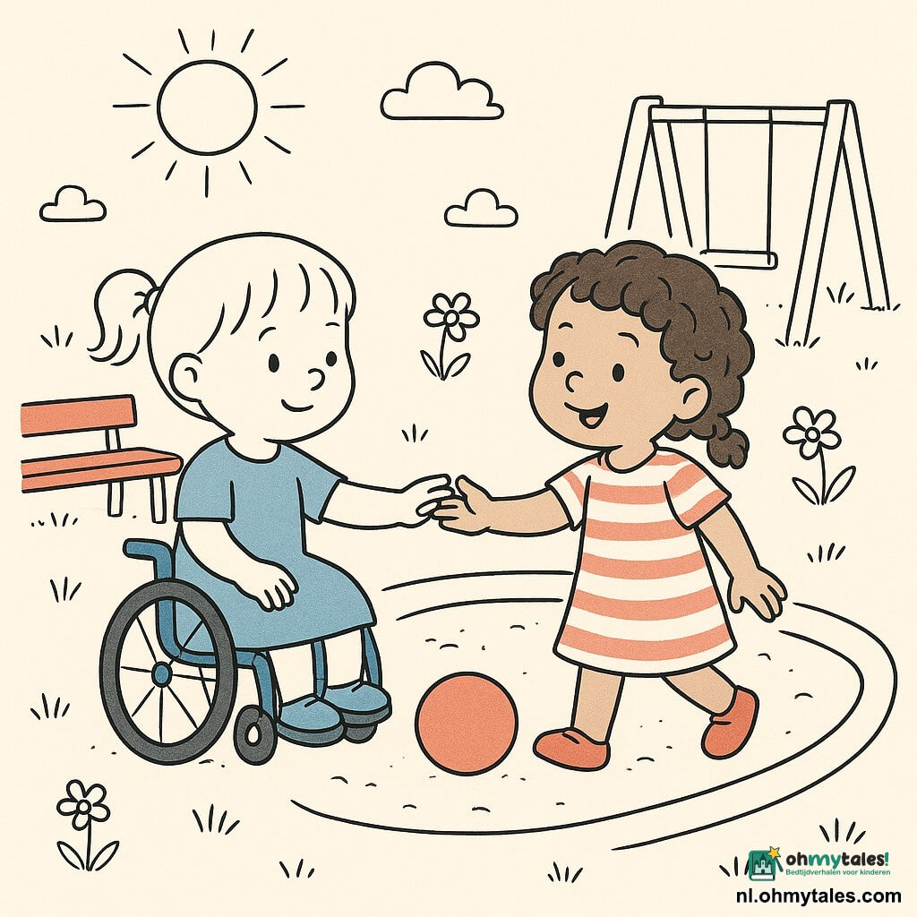 Twee meisjes van 2 jaar: Mila met kort krullend haar, gestreept jurkje en ronde schoentjes loopt rechts van een laag rood bankje en reikt naar een rode bal; Noor met glad haar in een staartje zit links op een blauw rolstoeltje, effen jurkje en slofjes en lacht naar Mila. Kleine zonnige speeltuin met ovaal zandbak, houten schommel op de achtergrond, laag rood bankje, graspluimpjes en enkele bloemen. Ze spelen samen bij de bal; hun handen raken zacht boven de bal. Vriendelijke, rustige sfeer, duidelijke lijnen en eenvoudige vormen.