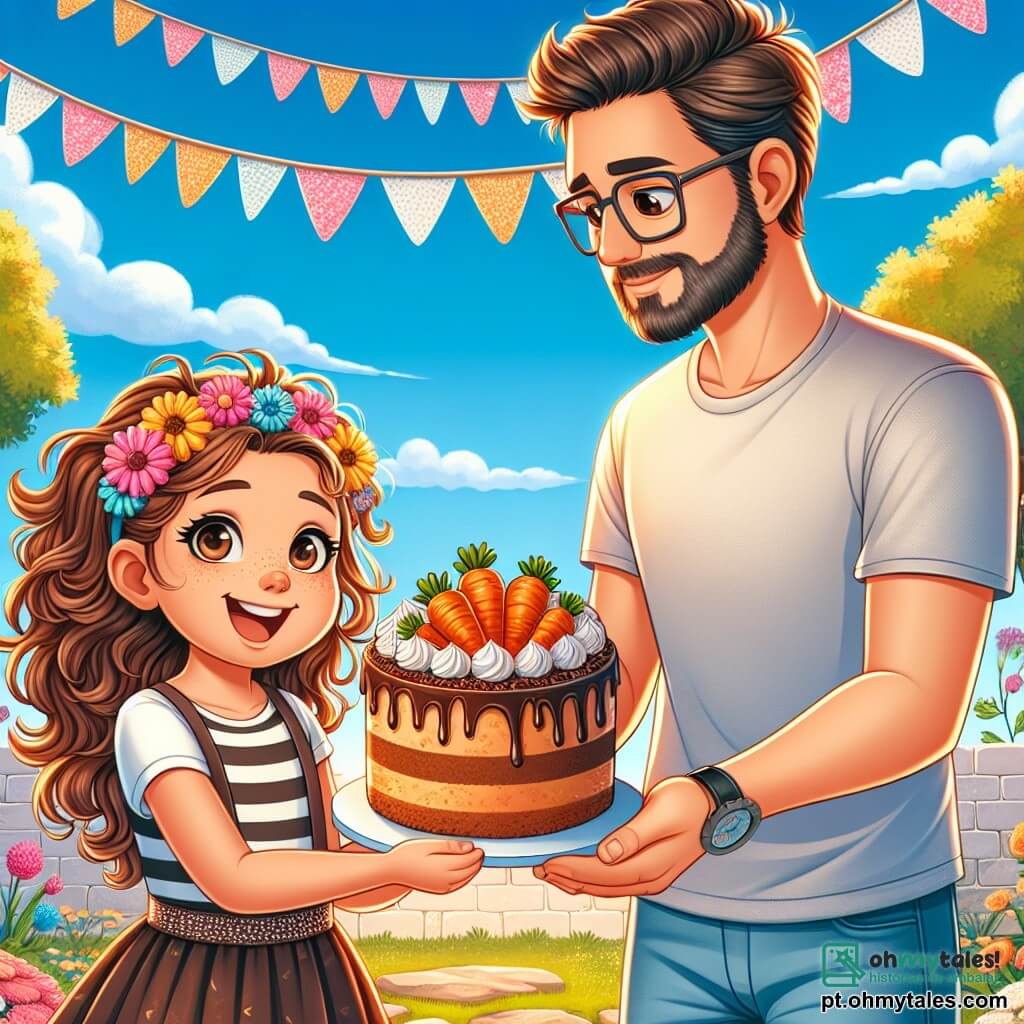 Uma menina de 8 anos, Sofia, com cabelos cacheados castanhos e um grande sorriso, está no centro do palco, segurando um lindo bolo de cenoura decorado com chocolate, seus olhos brilhando de excitação e orgulho. Ao lado dela, seu pai, um homem de cerca de 35 anos com uma barba leve e óculos, a observa com admiração, um sorriso caloroso iluminando seu rosto. Ele está vestindo uma camiseta casual e jeans. A cena acontece em um jardim ensolarado, cheio de flores coloridas que dançam suavemente ao vento, com guirlandas festivas penduradas nas árvores. O céu é de um azul vibrante, salpicado de algumas nuvens brancas e fofas. Sofia, cheia de entusiasmo, apresenta seu bolo ao pai para o Dia dos Pais, criando um momento de ternura e celebração entre eles, cercados pela beleza do jardim.