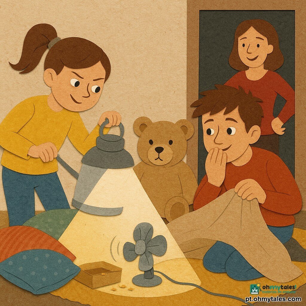 Uma menina de 10 anos, rosto redondo, cabelo castanho em rabo de cavalo, olhar malicioso e concentrado, roupa colorida (suéter amarelo e jeans), segura uma grande lanterna prateada que projeta um cone de luz sobre almofadas; o irmão mais velho de cerca de 13 anos, cabelo castanho desgrenhado, expressão culpada e sorridente, ajoelhado atrás de uma manta com a mão na boca, próximo à menina; a mãe, silhueta desfocada e sorriso terno, aparece no batente da porta com as mãos na cintura; um grande urso de pelúcia bege (Senhor Bigodes) entre as crianças como juiz silencioso; no canto aconchegante da sala: tapete macio, almofadas coloridas empilhadas, caixa de biscoitos aberta e vazia com migalhas, um mini ventilador USB escondido vibrando entre as almofadas e uma manta em formato de tenda; a menina ilumina o canto revelando o "monstro" — o mini ventilador — enquanto o irmão confessa sorrindo, cena bem-humorada com cores quentes, sombras nítidas e texturas de recorte e colagem.