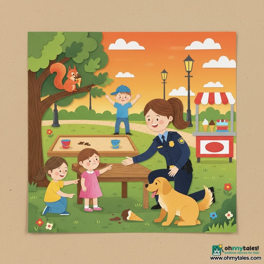 A kind, smiling female police officer in her thirties with chestnut ponytail and navy uniform kneels by a wooden table reaching toward a dropped ice cream cone; a joyful golden retriever (Max) sniffs nearby; Lucy (about 5) in a pink dress points at the missing cone, Mia (about 7) in a yellow tee crouches left of the officer and points to a chocolate smear on the ground, Ben (about 8) in a blue cap stands in the background with arms raised like an alert detective; a red squirrel on a low oak branch holds the remaining cone with guilty eyes and chocolate-whiskers; the park shows a beige sandbox with colorful buckets, a red-and-white ice cream stand to the right, green lawn dotted with flowers, a gravel path, cast-iron lampposts and an orange sunset sky; main scene: joyful discovery and resolution as the group follows a chocolate trail to the tree, warm atmosphere, vivid colors, torn-paper collage textures, simple shadows and bold shapes.