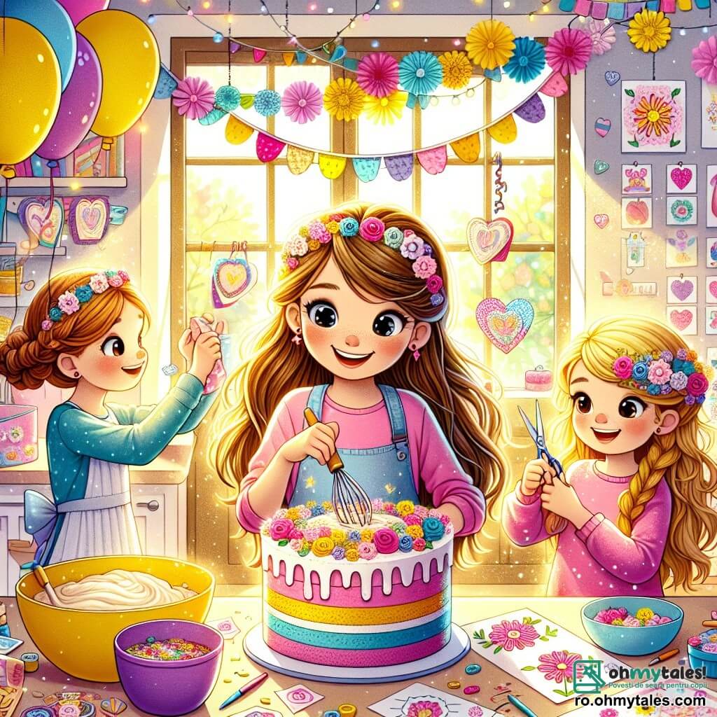 Într-o cameră luminoasă și colorată, trei fete se pregătesc să organizeze o surpriză. Maria, o fată de 8 ani cu părul lung și castaniu și ochi strălucitori, este în centrul atenției, zâmbind, în timp ce amestecă aluatul pentru tort într-un bol mare. La dreapta ei se află Ana, o fată de 7 ani cu părul blond împletit și un tricou roz, care taie flori din hârtie colorată cu foarfeca. La stânga, Ioana, o fată de 9 ani cu părul creț și un pulover albastru, lipește desene cu flori pe pereți, cântând vesel. 

Camera este decorată cu ghirlande de hârtie și baloane colorate, având o masă mare în mijloc, pe care se află un tort minunat decorat cu flori din zahăr. Lumina soarelui intră pe fereastră, iluminând atmosfera festivă și călduroasă. 

Fetele se pregătesc pentru o petrecere surpriză de Ziua Mamei, cu zâmbete radiante pe fețele lor, nerăbdătoare să-și celebreze mama cu dragoste și creativitate.