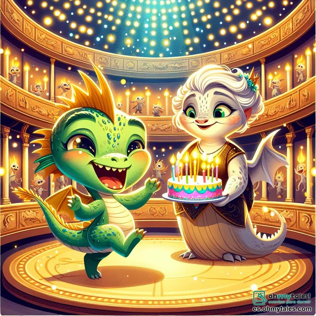 Un pequeño dragón de escamas verdosas, con ojos brillantes de alegría y una gran sonrisa, se encuentra en el centro de una sala circular llena de luces centelleantes. Está bailando, su cola en forma de rayo se balancea alegremente detrás de él. A su lado, una dragona mayor, de escamas plateadas y ojos sabios, sonríe con ternura, sosteniendo un pastel colorido decorado con velas. Ella parece orgullosa y feliz, observando a su nieto con amor. El lugar es un museo mágico, con paredes adornadas con frescos de dragones y criaturas fantásticas, y un gran árbol dorado en el centro, cuyas ramas brillan como estrellas. La escena principal muestra al dragón celebrando su cumpleaños rodeado de amigos, en un ambiente festivo y alegre, lleno de risas y música, creando un momento inolvidable.