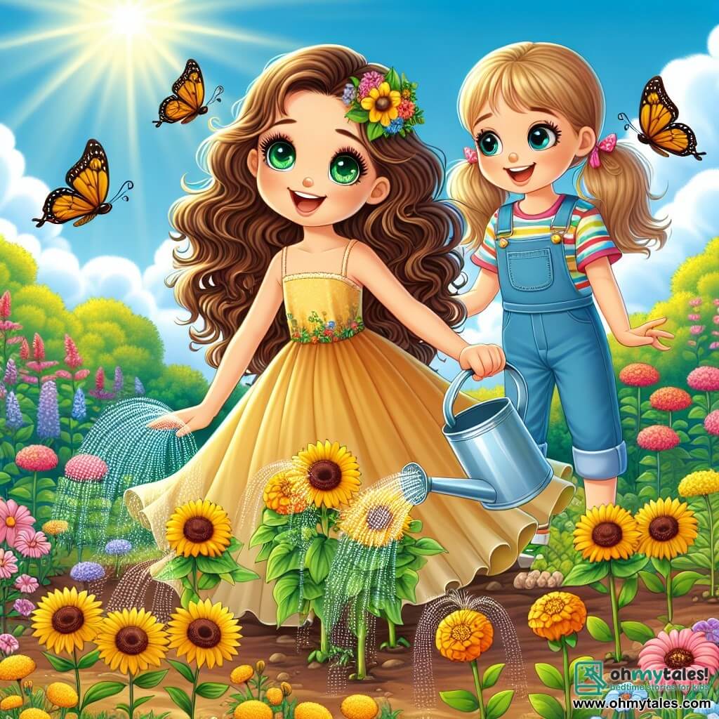 A 10-year-old girl named Lily, with long curly brown hair and sparkling green eyes, stands in the center of a blooming garden. She wears a pretty yellow dress that dances around her as she waters her young sunflower and daisy plants, a big smile lighting up her face. Next to her, her best friend Mia, also 10, with smooth blonde hair in pigtails, is planting marigolds. She wears a denim overall and a colorful striped t-shirt, looking at Lily with enthusiasm, sharing in her happiness. The garden is a vibrant spring tableau, filled with bright flowers, fluttering butterflies, and buzzing bees. The sky is a clear blue with fluffy white clouds, and the sun shines, illuminating the landscape. The main scene shows Lily and Mia working together in their garden, surrounded by growing flowers, symbolizing the joy and wonder of spring while learning to care for nature.