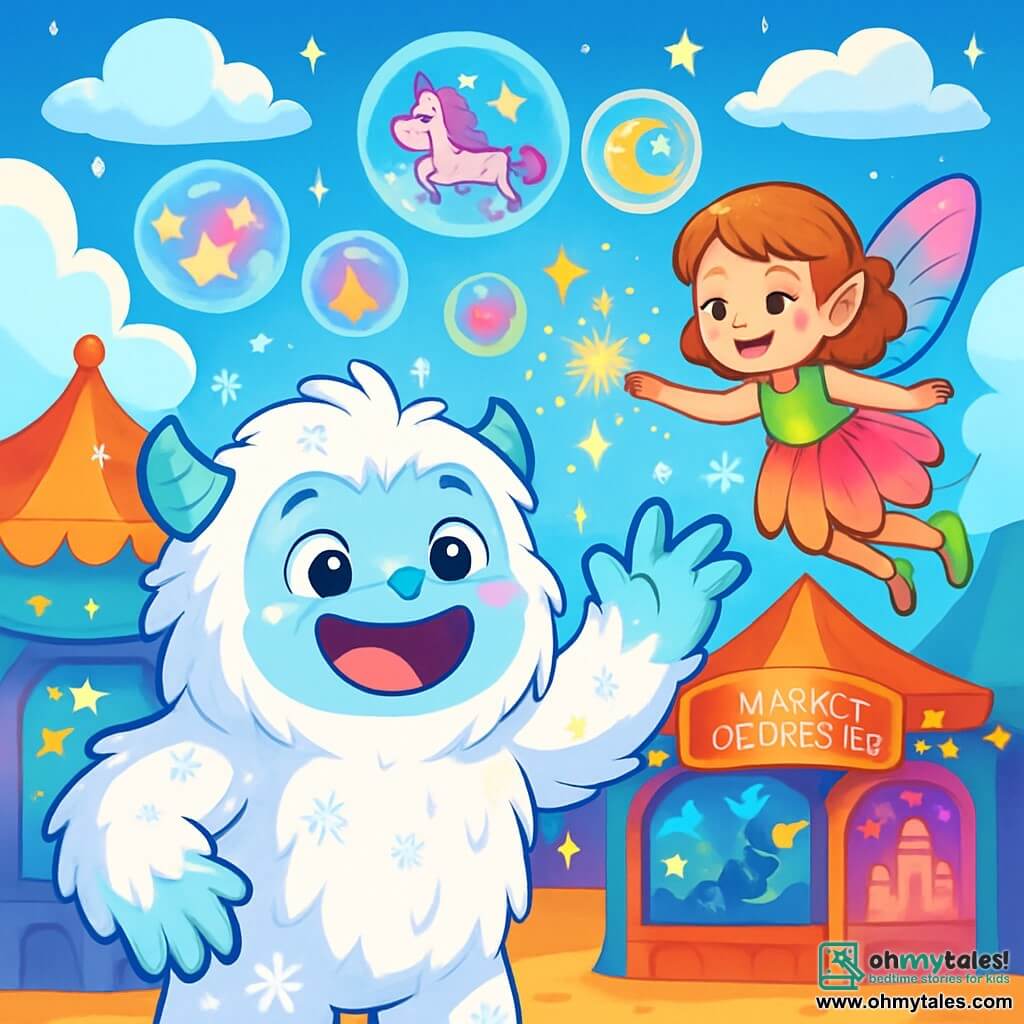 An adorable and fluffy yeti named Yara stands at the center of the scene, with a big, amazed smile on her face. Her soft white fur sparkles in the sunlight, and her bright eyes are filled with curiosity. She is surrounded by dancing snowflakes. Next to her, a small fairy named Luna, about 8 years old, joyfully flies in the air. She has translucent wings in vibrant colors, like a rainbow, and wears a dress made of flower petals. She smiles at Yara while scattering sparks of magical dust. The setting is the Dream Market, an enchanting place filled with colorful stalls, each adorned with twinkling lights and floating dreams, showcasing images of fantastical creatures and adventures. Soft, fluffy clouds float above, and stars shine in a light blue sky. The main scene shows Yara and Luna discovering the heart of the Dream Market, with colorful dreams floating around them. Yara, full of enthusiasm, reaches out towards a glowing dream, while Luna joyfully twirls by her side, creating a magical atmosphere full of promise.