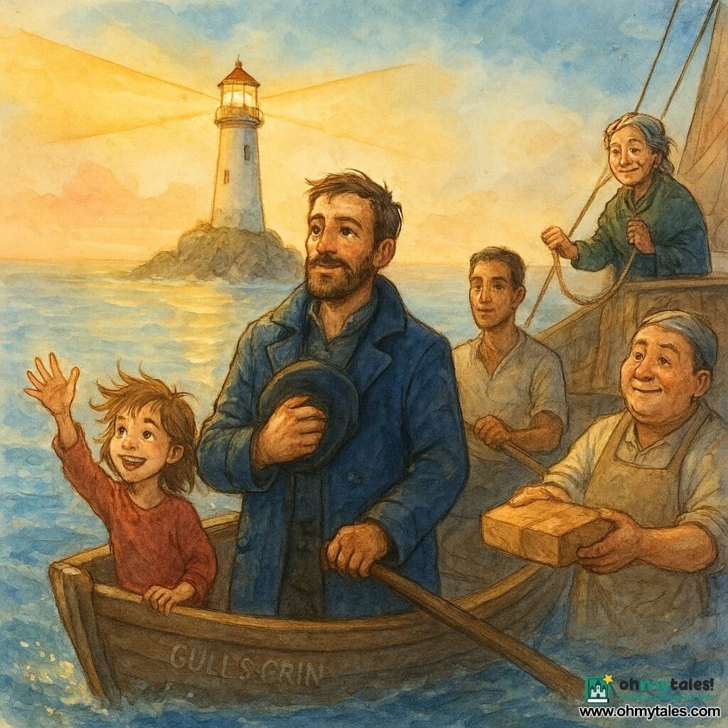 Captain Bram Oxbow, about 35, short beard, worn navy coat, holds his hat to his chest and looks toward the lighthouse light; Lina, ~12, wind-tousled hair, excited smile, stands in the small dinghy waving beside him; Jory, ~28, tanned, calm, rows from behind Bram, watching the golden light; Old Nessa, ~60, gray braids, mischievous reassuring expression, stands on the Gull’s Grin's deck holding a rope; Patch, ~40, flour-dusted, wearing an apron, offers a packet of biscuits from the ship; setting: calm sea at sunrise with deep blue water and golden reflections, light mist on the horizon, a white lighthouse on a rocky islet casting three golden flashes then a long beam that creates a bright path on the water; mood: warm, heroic, watercolor textures, small controlled splashes around the waves.
