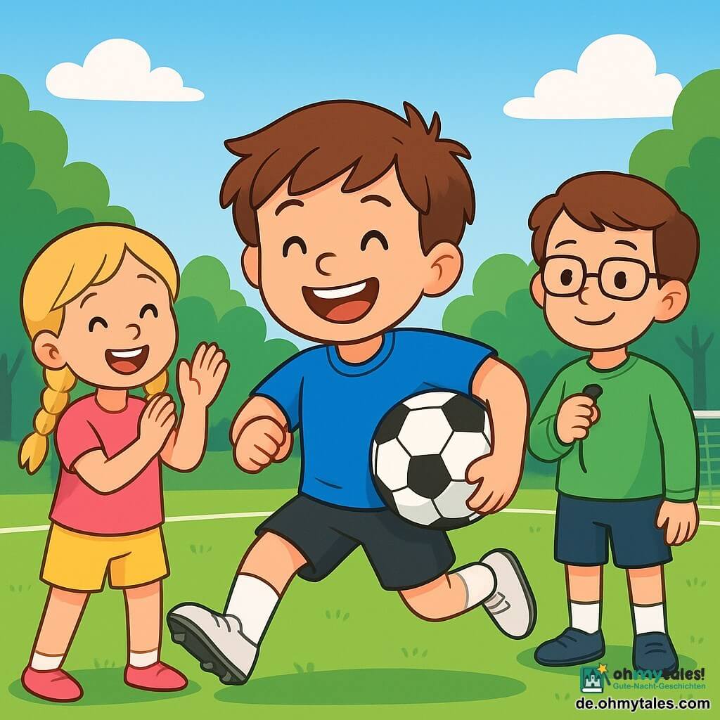 Ein 10-jähriger Junge, Tim, steht im Mittelpunkt des Bildes, mit einem breiten, fröhlichen Lächeln auf seinem Gesicht. Er trägt ein leuchtend blaues Fußballtrikot, schwarze Shorts und weiße Sportschuhe. Seine braunen Haare sind zerzaust, und er hält einen Fußball unter dem Arm, bereit zu spielen. Neben ihm steht ein 9-jähriges Mädchen, seine beste Freundin, mit langen, blonden Zöpfen. Sie trägt ein pinkes Trikot und gelbe Shorts und applaudiert begeistert, um Tim zu unterstützen. Ein 11-jähriger Junge mit Brille und braunen Haaren steht etwas im Hintergrund, lächelt und hält eine Pfeife, bereit das Spiel als Schiedsrichter zu leiten. Die Szene spielt auf einem grünen Fußballfeld, umgeben von hohen Bäumen mit leuchtend grünen Blättern, unter einem klaren blauen Himmel mit einigen fluffigen weißen Wolken. Weiße Linien markieren das Feld, und im Hintergrund steht ein Metalltor. Tim ist bereit, aufs Tor zu schießen, konzentriert und entschlossen, während seine Freunde ihn anfeuern. Die Atmosphäre ist voller Energie und Kameradschaft, mit Lachen und Freudenrufen, die um sie herum erklingen.