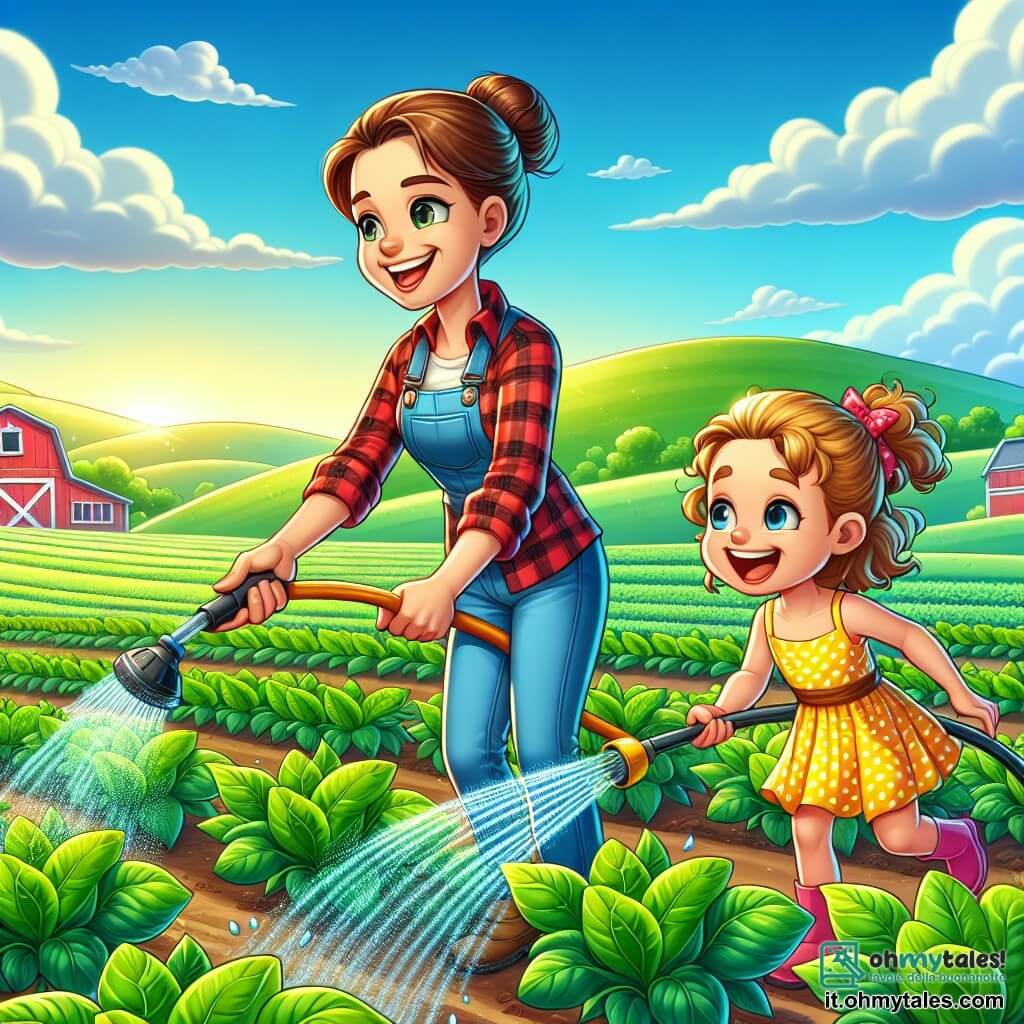 Una donna agricoltrice sorridente, di circa quarant'anni, con capelli castani raccolti in uno chignon e indossante una camicia a quadri rossa e pantaloni di denim, annaffia file di verdure verdi brillanti in un campo soleggiato. Accanto a lei, una bambina di 8 anni, con capelli biondi ricci e un vestito giallo a pois, ride tenendo un tubo da giardino, spruzzando un po' d'acqua sulle piante. Il campo è vasto, circondato da colline verdi sotto un cielo blu chiaro, con nuvole bianche soffici che fluttuano dolcemente. In lontananza si intravede un fienile rosso e animali da fattoria, come mucche e galline, che aggiungono vita alla scena. La situazione principale mostra la donna e la bambina che si divertono insieme, ridendo e condividendo un momento gioioso mentre si prendono cura delle piante, simboleggiando l'amore e il lavoro in armonia con la natura.