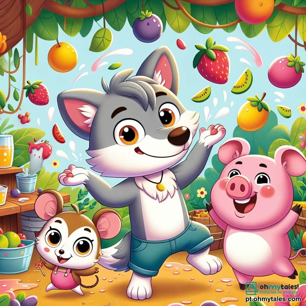 Um lobo chamado Léo, com pelagem suave e cinza, olhos brilhantes de alegria, está no centro da cena, sorrindo amplamente enquanto jongla com frutas coloridas. Ao seu lado, uma pequena rato chamada Célia, com pelagem marrom e orelhas redondas, o incentiva pulando, segurando um morango com as patas. Um porquinho chamado Pipo, rosa e gordinho, está um pouco atrás, rindo alto, com pedaços de frutas grudados no nariz. A cena ocorre em uma cozinha ao ar livre, sob uma grande árvore com ramos folhosos, com frutas penduradas e flores coloridas ao redor. Jatos de suco de frutas voam pelo ar, criando uma atmosfera alegre e animada. Léo e seus amigos estão preparando um festival de frutas, divertindo-se lançando frutas e dançando juntos, cheios de risos e felicidade.