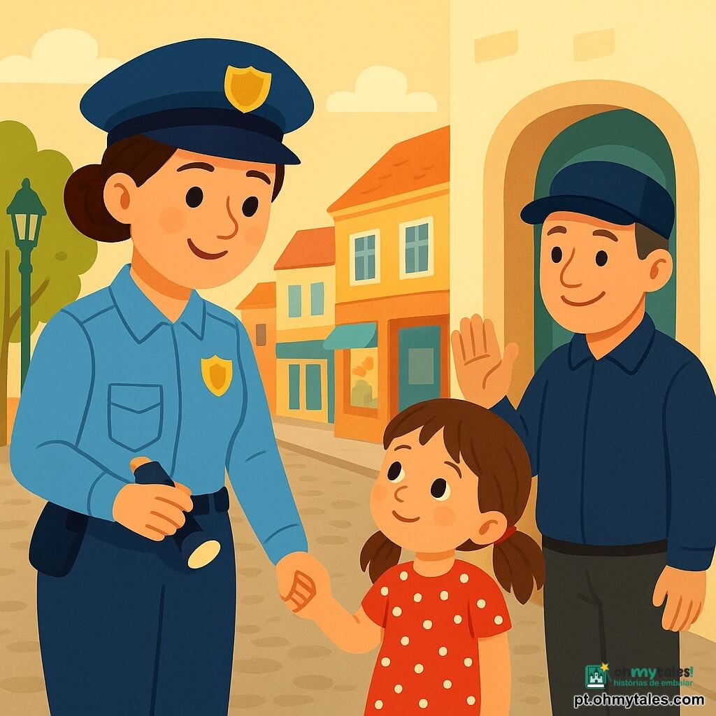 Uma policial sorridente e acolhedora, cabelo castanho preso em coque, farda azul-clara com insígnias amarelas, segurando uma pequena lanterna e um caderno, está no meio de uma rua ensolarada ouvindo e tranquilizando uma menina de 6 anos de vestido vermelho com bolinhas brancas e cabelos em rabo de cavalo, que segura sua mão à direita; um porteiro de cerca de 50 anos com boné e sorriso suave acena com a mão esquerda em frente à entrada de um prédio bege; a rua é de paralelepípedos, com pequenas lojas coloridas com vitrines de vidro, uma árvore verde e um poste antigo pintado de verde; cena calma, luminosa, cores quentes e contrastadas, traços simples e formas arredondadas em estilo infantil.