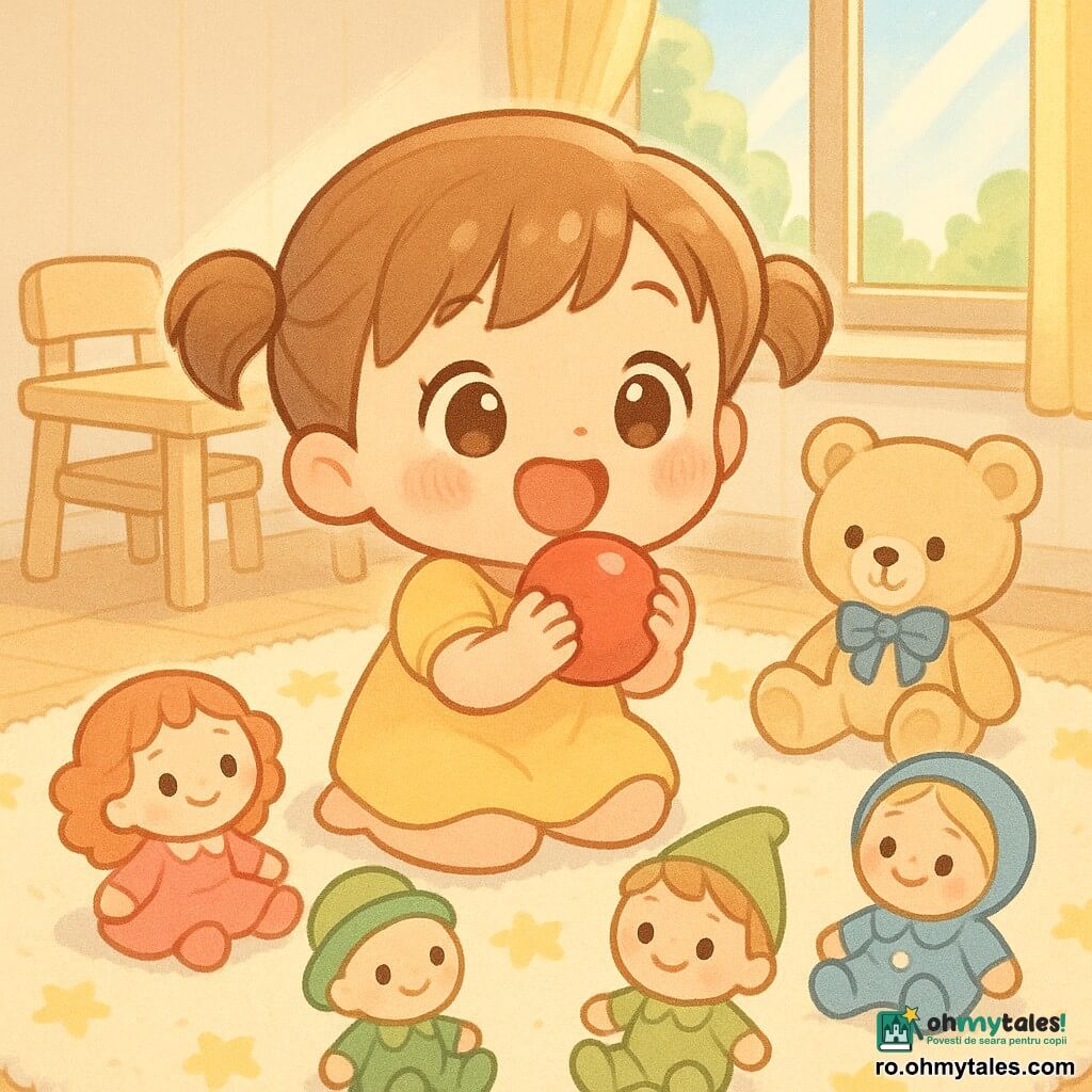 O fetiță de 2 ani, veselă și uimită, cu pigtails șaten deschis, obraji rotunzi și ochi strălucitori, ține o minge roșie mică descoperită; ursulețul de pluș Tedi, bej cu fundiță albastră, stă lângă fereastră și pare că a ajutat, mai multe păpuși colorate zâmbesc pe covorul crem cu stele, camera de joacă e luminoasă cu o măsuță și un scăunel din lemn deschis, fereastra mare lasă lumina dimineții să intre — fetița a găsit mingea sub scaun, râde și o strânge la piept, atmosferă caldă în culori pastel, detalii simple pentru un copil mic.