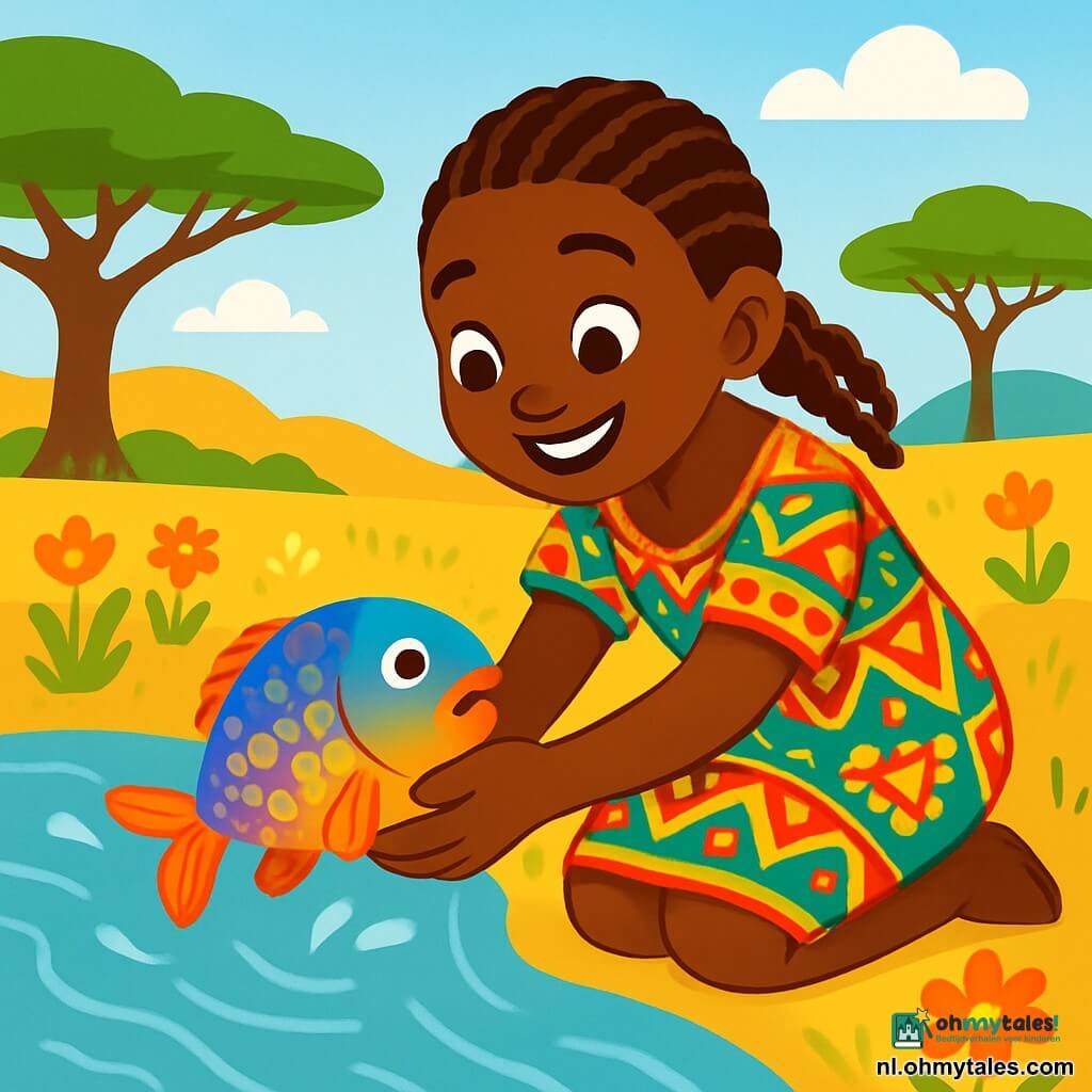 Ayo, een jonge vrouw met een stralende glimlach en sprankelende ogen, leunt teder over de rand van een glinsterende rivier. Ze draagt een kleurrijke jurk met levendige Afrikaanse patronen en haar haar is zorgvuldig gevlochten. Ze lijkt vrolijk en vol vriendelijkheid. Naast haar zwemt een klein visje met glanzende, kleurrijke schubben dat zich zorgen maakt. De vis is rond en heeft delicate vinnen die bewegen. De achtergrond is een prachtige Afrikaanse savanne, met majestueuze bomen met groene bladeren, een stralende blauwe lucht en wilde bloemen in felle kleuren die dansen in de warme wind. Het zonlicht verlicht de scène en creëert een vrolijke en gastvrije sfeer. Ayo helpt de vis terug naar zijn natuurlijke habitat, terwijl ze het voorzichtig in haar handen houdt voordat ze het weer in het water laat. Het moment is gevuld met tederheid en medeleven, wat de liefde en het respect voor de natuur illustreert.