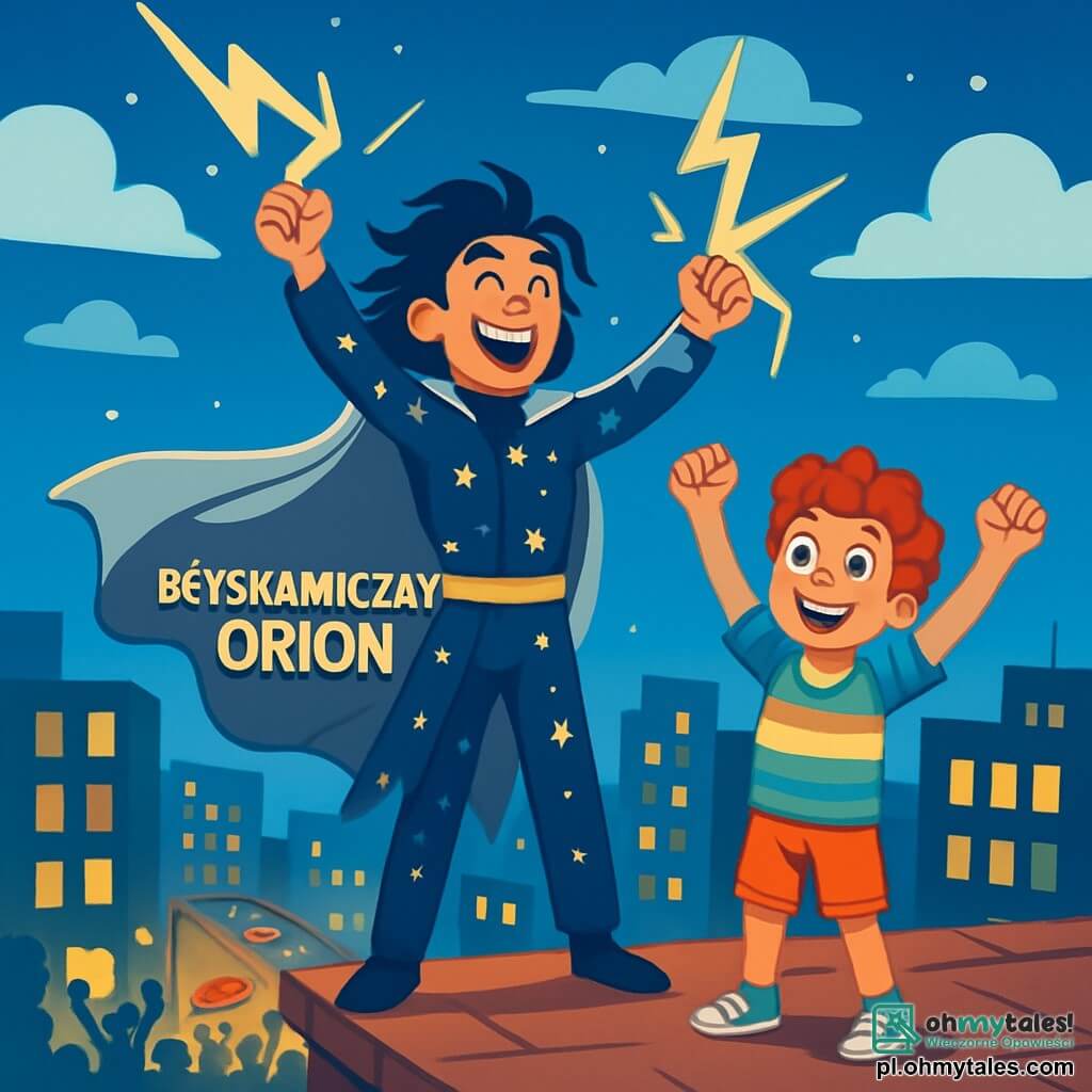 Mężczyzna, Błyskawiczny Orion, stoi na dachu budynku, z uniesionymi rękami w stronę nieba, z promiennym uśmiechem na twarzy. Ma na sobie granatowy kostium ozdobiony migoczącymi gwiazdami i długi srebrny płaszcz, który powiewa na wietrze. Jego włosy są długie i rozczochrane, a oczy błyszczą ekscytacją i determinacją. Obok niego stoi 10-letni chłopiec, Max, z kręconymi włosami i szerokim uśmiechem, który również unosi ręce, podziwiając swojego superbohatera. Ma na sobie kolorowy t-shirt i szorty, a jego energia i radość są widoczne. Niebo jest głęboko niebieskie, usiane białymi chmurami, a miasto poniżej rozświetlone jest jaskrawymi światłami, z nowoczesnymi budynkami i jeżdżącymi samochodami. Główna scena pokazuje Błyskawicznego Oriona używającego swoich mocy, aby przywrócić światło w mieście, podczas gdy błyskawice energii wystrzeliwują z jego rąk, oświetlając krajobraz miejski. Mieszkańcy, na dole, patrzą w górę, zachwyceni i wdzięczni, tworząc atmosferę magii i przygody.