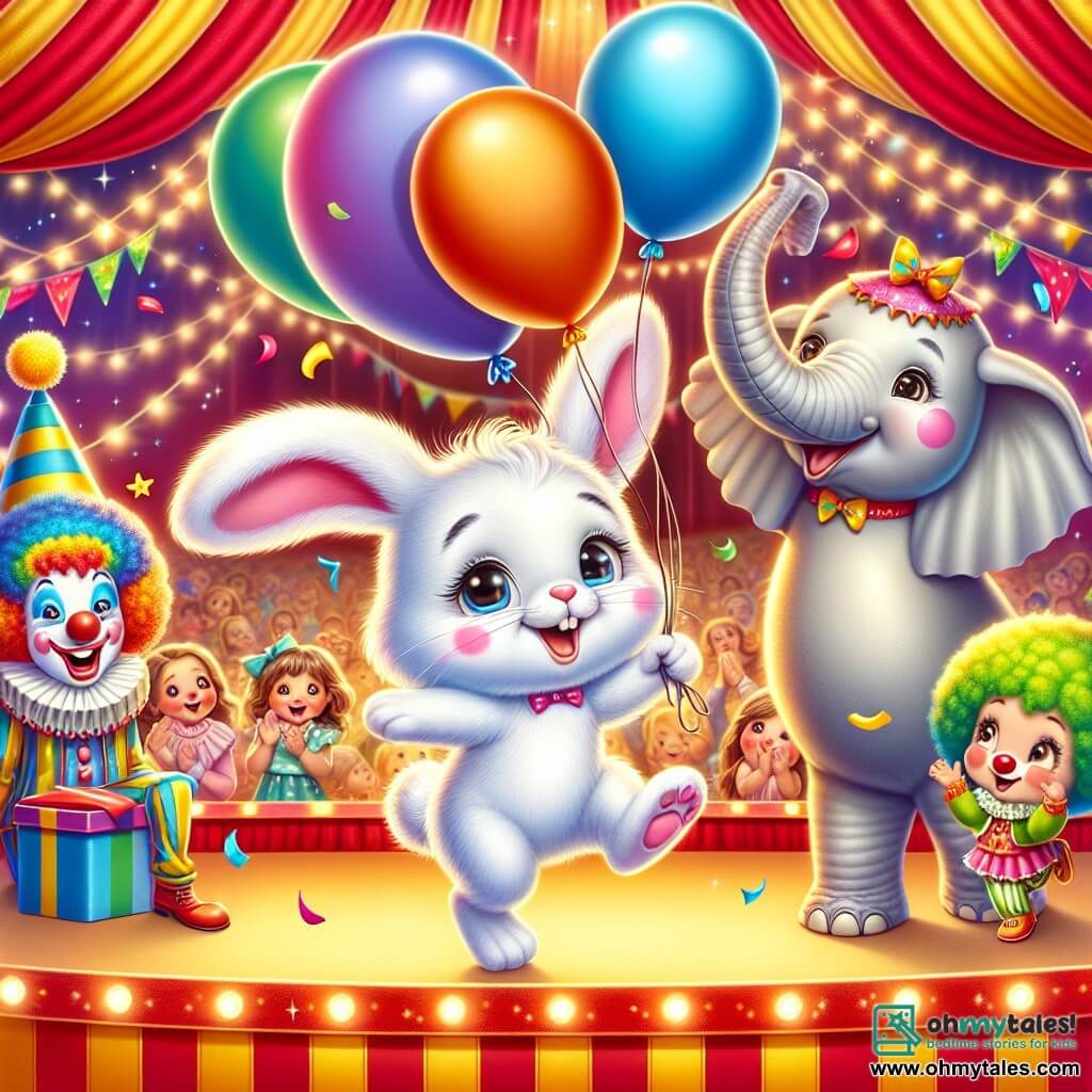 An illustration depicts a small white rabbit with large floppy ears and a pink nose, joyfully jumping while holding two colorful balloons, one red and one blue, with a big smile on its face, expressing pride and happiness. Nearby, a cheerful clown with colorful curly hair and a white-painted face laughs and claps, her eyes sparkling with joy. A playful elephant with gray skin and large ears stands beside her, raising its trunk in encouragement, displaying an expression of joy and excitement. The main setting is a vibrant circus filled with bright colors, featuring red and yellow striped tents, twinkling lights, and amazed spectators watching the show. Confetti floats in the air, adding to the festive atmosphere. The main scene shows the little rabbit who has successfully retrieved the lost balloons, ready to present them to the circus director, while other performers cheer and celebrate his success. Additional graphic elements include twinkling stars in the sky, colorful banners fluttering in the wind, and children in the audience smiling and applauding, creating a joyful and festive ambiance.