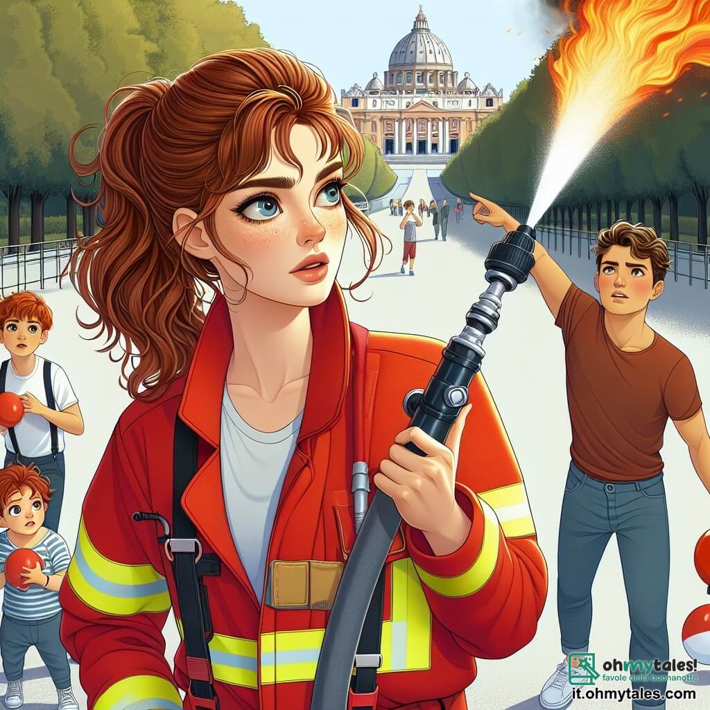 Clara, una giovane pompiera, è al centro dell'immagine, con uno sguardo determinato e coraggioso. Indossa un'uniforme rossa brillante, un casco da pompiere e tiene un tubo antincendio pronto a spegnere le fiamme. I suoi capelli castani sono raccolti in una coda di cavallo e gocce di sudore le brillano sulla fronte. Accanto a lei c'è Marco, un pompiere di circa 30 anni, con la barba curata e un sorriso incoraggiante, che dirige il getto d'acqua verso le fiamme. Un gruppo di tre bambini, tra cui un ragazzo di nome Luca di circa 8 anni, osserva Clara con ammirazione. Luca ha i capelli castani in disordine e indossa una maglietta blu, mentre gli altri due bambini, una ragazza e un ragazzo, sono sullo sfondo, con dei palloncini e espressioni preoccupate. La scena si svolge nel parco di Villa Borghese a Roma, circondato da grandi alberi verdi. Fiamme arancioni e rosse si alzano tra i tronchi, mentre nuvole di fumo nero si innalzano verso il cielo blu. Il terreno è cosparso di foglie e rametti bruciati, creando un forte contrasto con il verde circostante. Clara è pronta a spegnere l'incendio che minaccia il parco, rassicurando i bambini che la osservano con ammirazione.