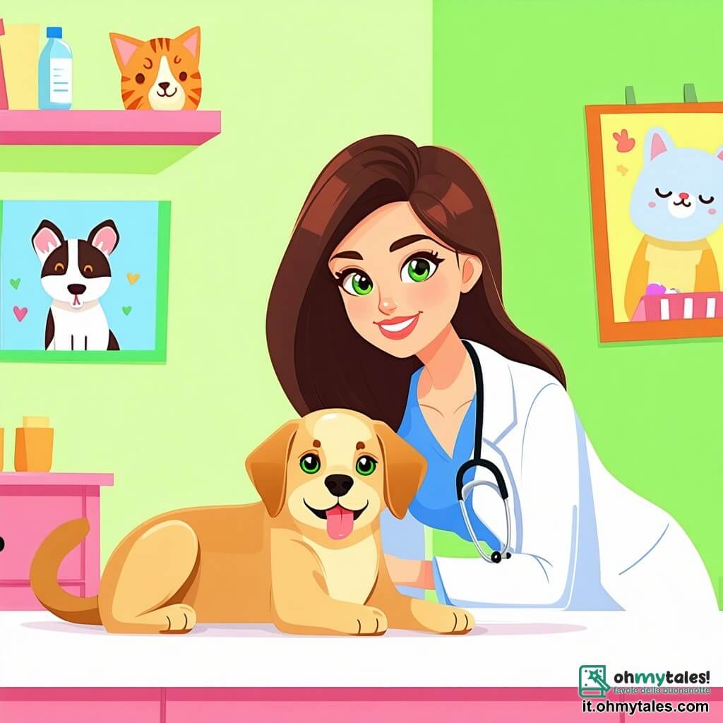 La scena si svolge in una clinica veterinaria luminosa e accogliente, con pareti dipinte di verde pastello e manifesti colorati di animali. Al centro, la Dottoressa Clara, una donna di circa trent'anni con lunghi capelli castani e occhi verdi scintillanti, esamina un piccolo Labrador di nome Leo con un sorriso rassicurante. Indossa un camice bianco e la sua espressione è concentrata e benevola, mostrando il suo amore per gli animali. Accanto a lei, Marco, un ragazzo di dodici anni con occhiali e capelli castani disordinati, tiene uno stetoscopio, pronto ad aiutare, con un volto segnato dall'eccitazione e dall'ammirazione. In un angolo della stanza, una bambina di dieci anni, Sofia, con capelli biondi e ricci, guarda con curiosità, tenendo un peluche, sognando di diventare veterinaria un giorno. La clinica è piena di luce naturale grazie a grandi finestre, e giocattoli per animali sono sparsi sul pavimento, creando un'atmosfera calda e gioiosa. La scena principale mostra Clara che si prende cura di Leo, mentre Marco e Sofia osservano, impazienti di imparare e partecipare a questa bella avventura veterinaria.
