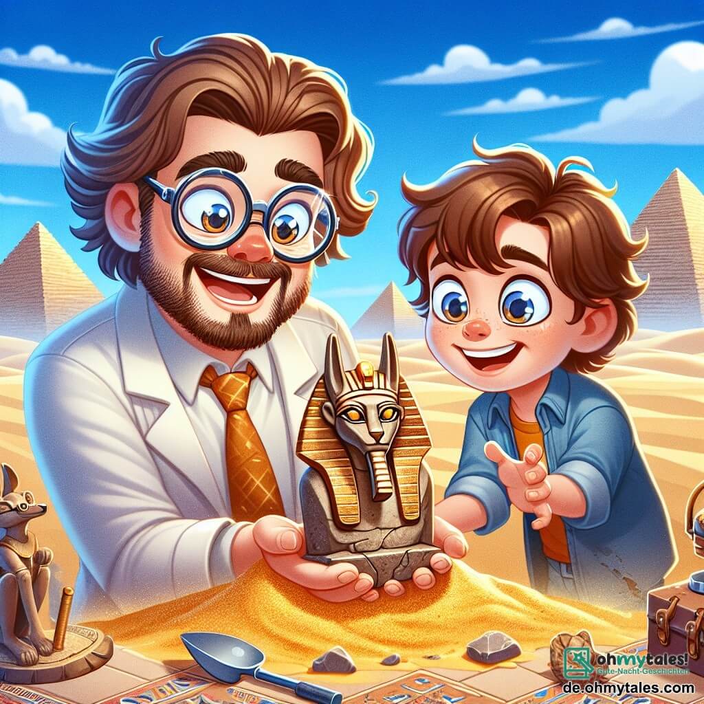 Ein Archäologe, Dr. Anton, steht im Mittelpunkt des Bildes, mit einer großen Brille auf der Nase und lockigem, zerzaustem Haar. Er hat ein staunendes Lächeln im Gesicht und hält eine kleine Steinstatue von Anubis in seinen Händen, umgeben von goldenem Sand. Neben ihm steht ein etwa 10-jähriger Junge mit braunen Haaren und funkelnden Augen, der die Statue bewundernd betrachtet, mit erhobenen Armen vor Aufregung. Die Szenerie spielt in einem weiten ägyptischen Sandfeld, mit majestätischen Pyramiden im Hintergrund unter einem strahlend blauen Himmel, der mit einigen weißen Wolken gesprenkelt ist. Archäologisches Werkzeug, wie eine kleine Schaufel und eine Bürste, liegt verstreut um sie herum, und Hieroglyphen sind auf Terrakottaziegeln zu ihren Füßen sichtbar. Die Hauptsituation zeigt Dr. Anton und den Jungen, die gemeinsam die antike Statue entdecken, ihre Gesichter erleuchtet von der Freude über diese unglaubliche Entdeckung, die das Abenteuer und die Neugier symbolisiert, die sie in ihrer Wissenssuche vereint.