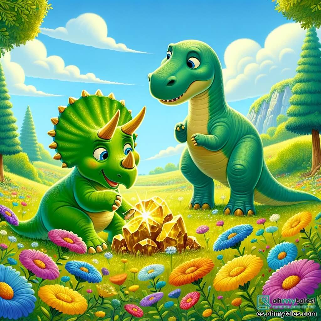 Un triceratops llamado Tito, con piel verde y majestuosas cuernos, muestra una expresión de curiosidad y alegría mientras se inclina para examinar un artefacto dorado brillante entre flores coloridas. A su lado, un diplodocus llamado Dana, con una larga cola y piel azulada, observa fascinada el objeto luminoso, manteniéndose ligeramente atrás, con los ojos abiertos de asombro. La escena tiene lugar en un amplio campo verde, salpicado de flores vibrantes, bajo un cielo azul con nubes blancas esponjosas, creando una atmósfera pacífica y encantadora. Tito y Dana están rodeados de altos árboles y suaves colinas, añadiendo a la belleza natural del paisaje. La situación principal muestra a Tito y Dana, maravillados, descubriendo juntos el misterioso artefacto que brilla intensamente, iluminando su amistad y su sentido de la aventura en este mundo prehistórico.