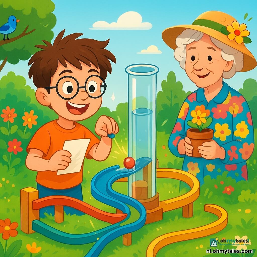Een 8-jarig jongetje, genaamd Finn, met rommelig kastanjebruin haar en ronde bril, staat voor een knikkerbaan van kleurrijk hout. Zijn gezicht toont blije vastberadenheid, met een grote glimlach en sprankelende ogen van opwinding. Hij houdt een klein papieren plan in zijn handen en kijkt aandachtig naar de grote glazen koker in het midden van zijn baan. Naast hem staat Mevrouw Groen, een vrouw van ongeveer 70 jaar, met een bloemenhoed en een kleurrijke blouse. Ze glimlacht warm naar Finn terwijl ze een klein bloempotje vasthoudt, klaar om hem te helpen. Ze staat iets op de achtergrond en moedigt Finn aan met een vriendelijke blik. De locatie is een mooie zonnige tuin, vol met heldere bloemen en weelderig groen. De knikkerbaan slingert door de tuin met bochten en felle kleuren, terwijl vogels in de bomen zingen. De hoofdscène toont Finn die zijn baan test, terwijl hij een knikker met enthousiasme naar de glazen koker lanceert, omringd door fonkelende lichtjes. De sfeer is vol energie en vreugde, wat de leuke uitdaging illustreert die hij zich heeft gesteld.