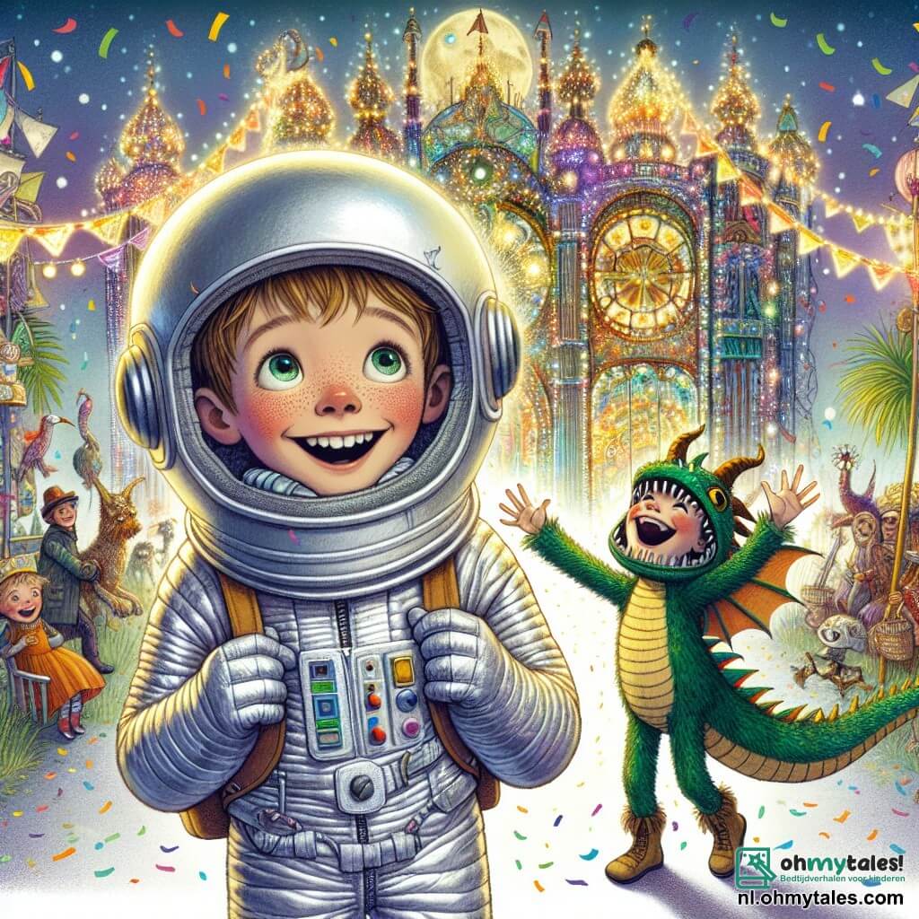 Een 10-jarig jongetje, genaamd Sam, staat in het midden van de afbeelding, gekleed in een zilveren kartonnen astronautenpak met een grote, glanzende kartonnen helm op zijn hoofd. Zijn gezicht straalt van blijdschap, zijn ogen twinkelen terwijl hij om zich heen kijkt. Aan zijn rechterkant staat zijn beste vriend Max, ook 10 jaar, verkleed als draak met een schubben groene huid en een lange staart die achter hem uitsteekt. Hij lacht vrolijk, met zijn armen omhoog in opwinding. Op de achtergrond staat een prachtig en kleurrijk kartonnen kasteel, omringd door fonkelende lichten en carnavalsversieringen. Confetti dwarrelt door de lucht, wat een feestelijke sfeer aan de scène toevoegt. Sam en Max ontdekken verwonderd het magische koninkrijk van het carnaval, omringd door fantastische wezens en heldere kleuren, terwijl er een grote parade voor hen plaatsvindt, vol dansers en blije muzikanten.