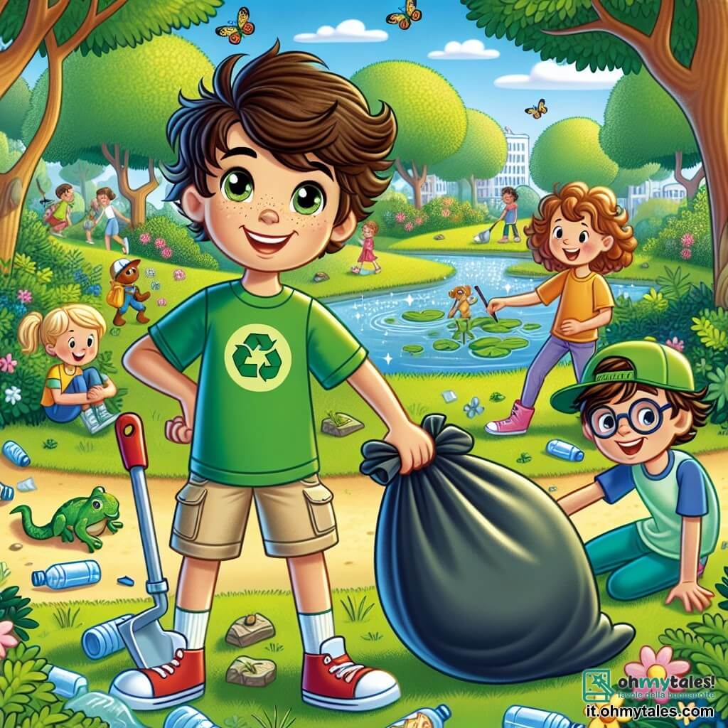 Un ragazzo di 12 anni, di nome Luca, con capelli castani disordinati e occhi pieni di determinazione, indossa una maglietta verde e pantaloni corti beige. Sta raccogliendo rifiuti in un parco, con un grande sorriso sul volto, mostrando la sua orgoglio per aiutare l'ambiente. Accanto a lui, la sua migliore amica Giulia, una ragazza di 12 anni con capelli ricci e un cappello verde, tiene un sacco della spazzatura e incoraggia gli altri bambini a partecipare. Marco, un ragazzo di 12 anni con occhiali e una maglietta blu, si impegna a raccogliere bottiglie di plastica, ridendo con entusiasmo. Il parco è verdeggiante, pieno di alberi maestosi, fiori colorati e un piccolo stagno scintillante al sole, dove si possono vedere rane saltare e libellule svolazzare. La scena è animata da famiglie e bambini che si uniscono per pulire il parco, creando un'atmosfera gioiosa e collaborativa. Luca e i suoi amici sono al centro di questa azione, determinati a rendere il parco più pulito e a proteggere la natura.
