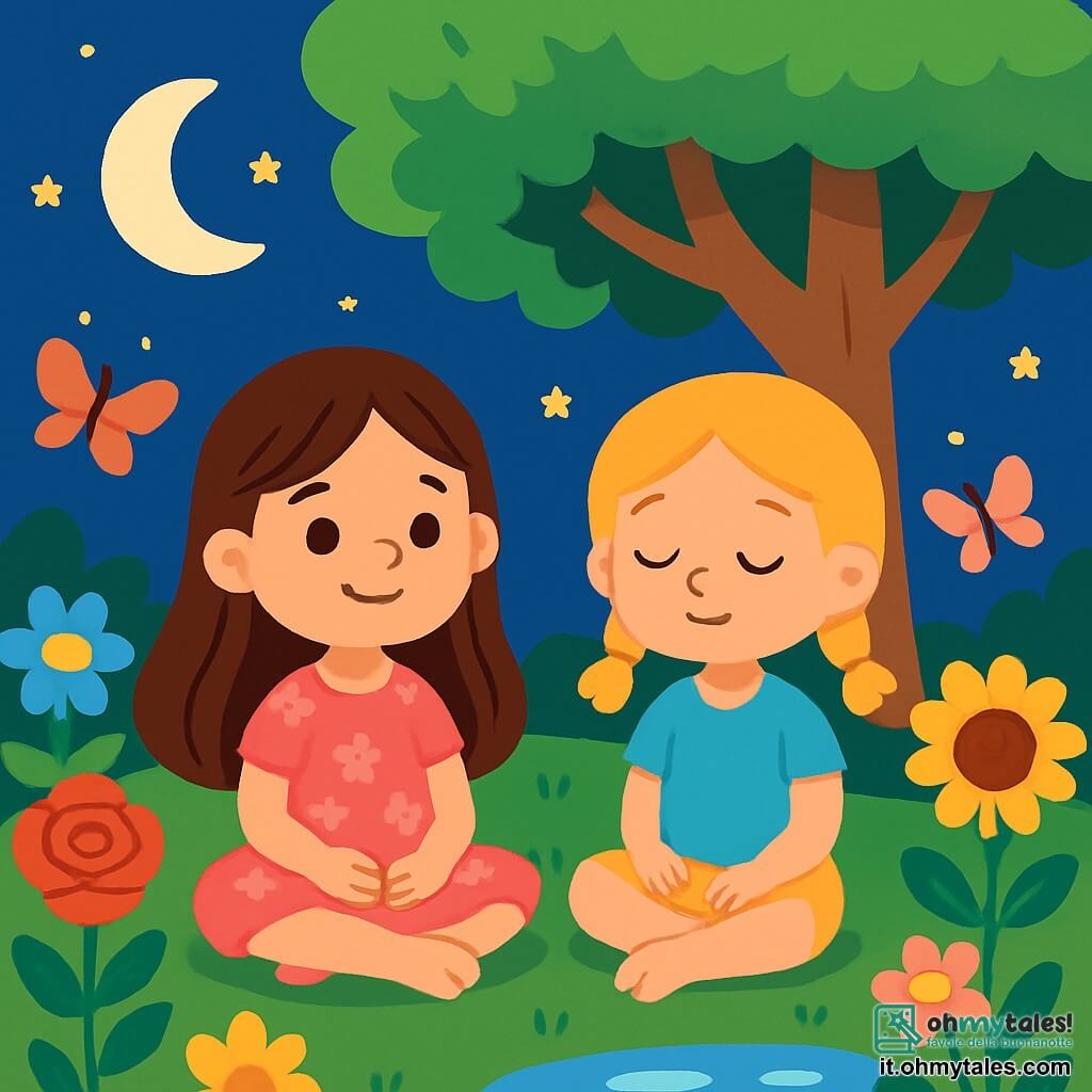 Ci sono 2 personaggi principali: Emma, una ragazza di 7 anni con lunghi capelli castani e occhi scintillanti, indossa un vestito rosa con motivi floreali ed è seduta sull'erba, le gambe incrociate e un sorriso sereno; e Mia, una ragazza di 6 anni con capelli biondi intrecciati e occhi blu, indossa una maglietta blu e pantaloni corti gialli, ed è accanto a Emma, con le mani sulle ginocchia e gli occhi chiusi, respirando profondamente. Il luogo è un giardino segreto, pieno di fiori colorati come rose, fiordalisi e girasoli che danzano al vento. Al centro, un grande albero con foglie verdi offre ombra. Un piccolo stagno brilla alla luce della luna e farfalle colorate volano tra i fiori. La scena principale mostra Emma e Mia che meditano pacificamente, circondate dalla magia del giardino, mentre la luna illumina dolcemente il tutto, creando un'atmosfera calma e rilassante.