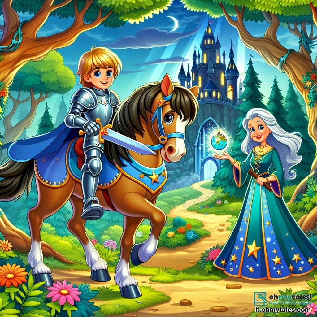 Un giovane cavaliere di nome Leo, di circa 12 anni, sta coraggiosamente sul suo cavallo, Stella, con un'armatura brillante che scintilla sotto il sole. Il suo volto è determinato, con occhi vivaci e un sorriso sicuro, mentre brandisce una spada scintillante. Accanto a lui, la saggia maga del castello, una donna di circa 60 anni, con lunghi capelli argentati e un abito blu decorato con stelle, gli porge una mappamondo misteriosa, incoraggiandolo con uno sguardo benevolo. La scena si svolge in una foresta densa e incantata, dove grandi alberi dai tronchi nodosi si ergono verso il cielo, le cui foglie verdi filtrano la luce del sole. Fiori colorati punteggiano il terreno e un sentiero tortuoso conduce a una torre oscura in lontananza, dove il drago Ombra tiene prigioniera la principessa Sofia. Leo, con determinazione, si prepara a intraprendere il cammino pericoloso, pronto ad affrontare tutti i pericoli per salvare la sua migliore amica, la principessa Sofia.