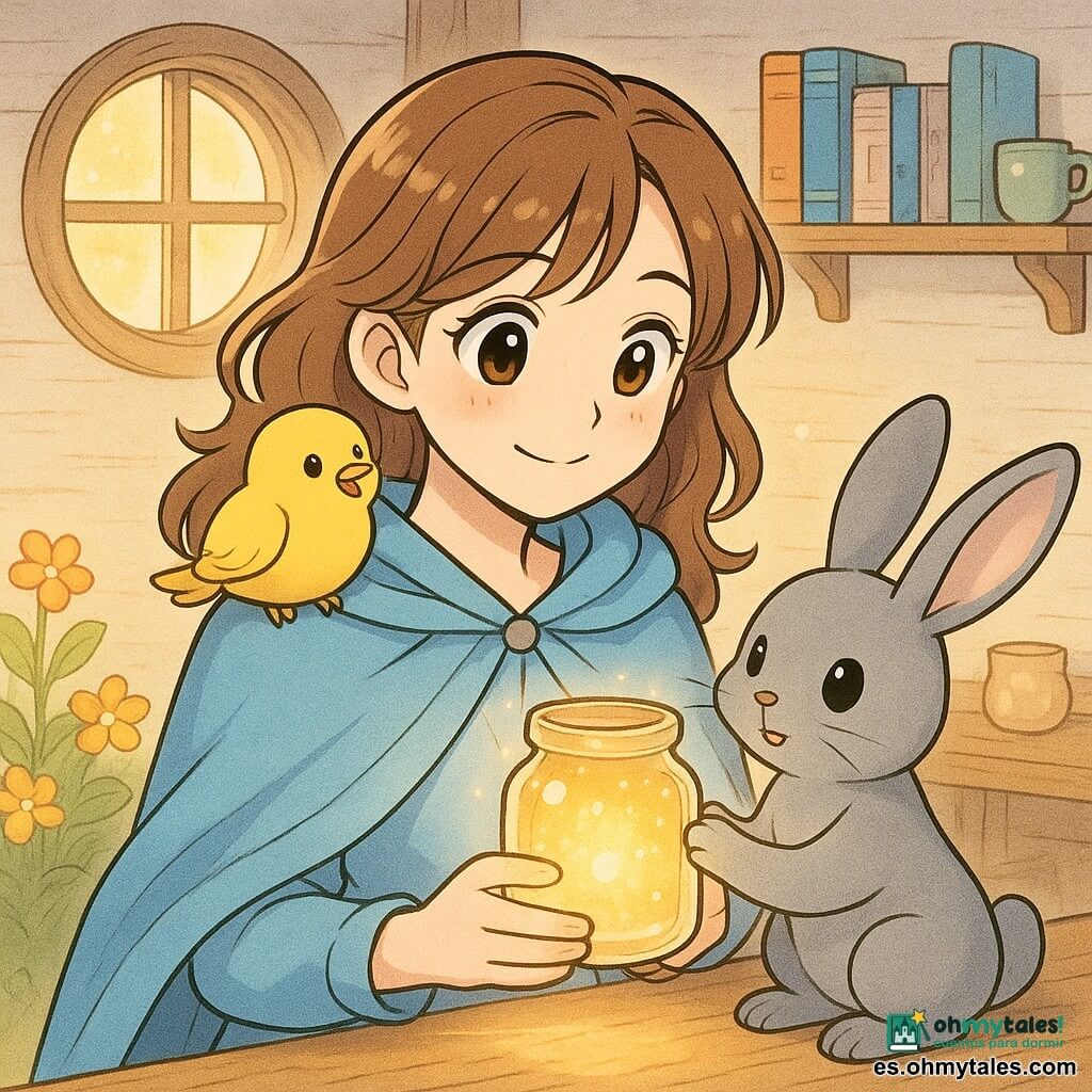 Una mujer de sonrisa dulce y ojos brillantes, con capa azul cielo y cabello castaño ondulado, sostiene una pequeña jarra de vidrio con una luz cálida y dorada; con expresión serena y cariñosa la coloca sobre la mesa y sonríe mientras la pieza se ilumina en suaves círculos ámbar creando una atmósfera cálida y mágica; en su hombro se posa un pajarito amarillo que parece cantar y a sus pies un conejo gris de grandes orejas toca la jarra; la escena ocurre en una casita de madera clara con paredes blanqueadas, una ventana redonda por la que entran rayos dorados, flores alrededor de una alfombra mullida, otras pequeñas jarras vacías en la mesa y una estantería con libros ilustrados y tazas coloridas.