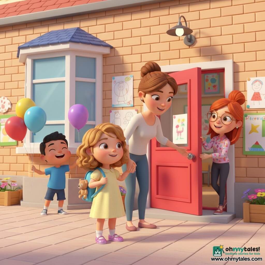 A joyful, slightly shy 4-year-old girl with curly blonde bob and bright eyes wears a pale yellow short-sleeve dress and sparkly pink shoes, holds a small blue backpack with a teddy bear peeking out and smiles as she enters a small sunny school courtyard hand-in-hand with her mother (around 30, brown hair in a bun, gentle smile), a redheaded teacher in a colorful smock and round glasses opens the classroom door to welcome the children, a laughing 4-year-old boy with black hair and a blue T-shirt plays with colorful balloons a few steps behind, the school has a light brick façade, a red entrance door, large windows, children's drawings on the walls, paved courtyard and planters with flowers, warm contrasting colors, comforting cute style, 3D cel-shaded cartoon with soft morning light.