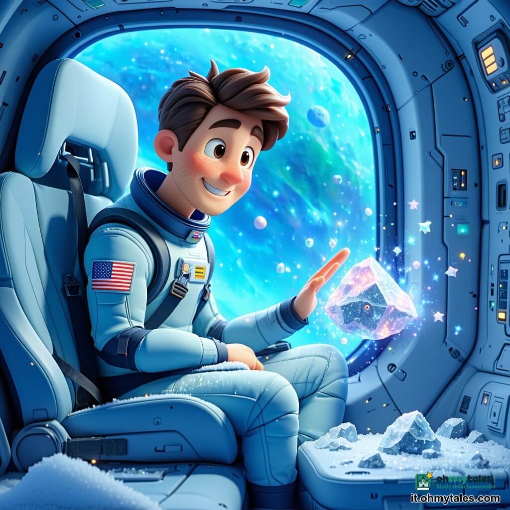 Un uomo di nome Marco, dal viso tondo e sorriso dolce, capelli castani corti, indossa una tuta spaziale azzurro chiaro e ha una piccola coperta sulle ginocchia; è calmo e benevolo e tende la mano verso il finestrino dove fluttua una piccola roccia spaziale animata, coperta di minuscole luci come fiori di ghiaccio che emettono una polvere di stelle rosa pallido che forma animaletti nell'aria; la roccia si trova davanti al grande vetro del cockpit e rallenta danzando nella polvere stellare mentre Marco crea una scia di luce calda e cantabile per guidarla; la navetta è una piccola capsula blu vivo con grandi finestrature arrotondate, sedili imbottiti crema e pannelli di controllo che emanano un tenue bagliore; fuori lo spazio è un indaco profondo punteggiato di stelle multicolori, nubi di polvere scintillante e un piccolo planetoide verde sullo sfondo, atmosfera tenera, pacifica e magica.
