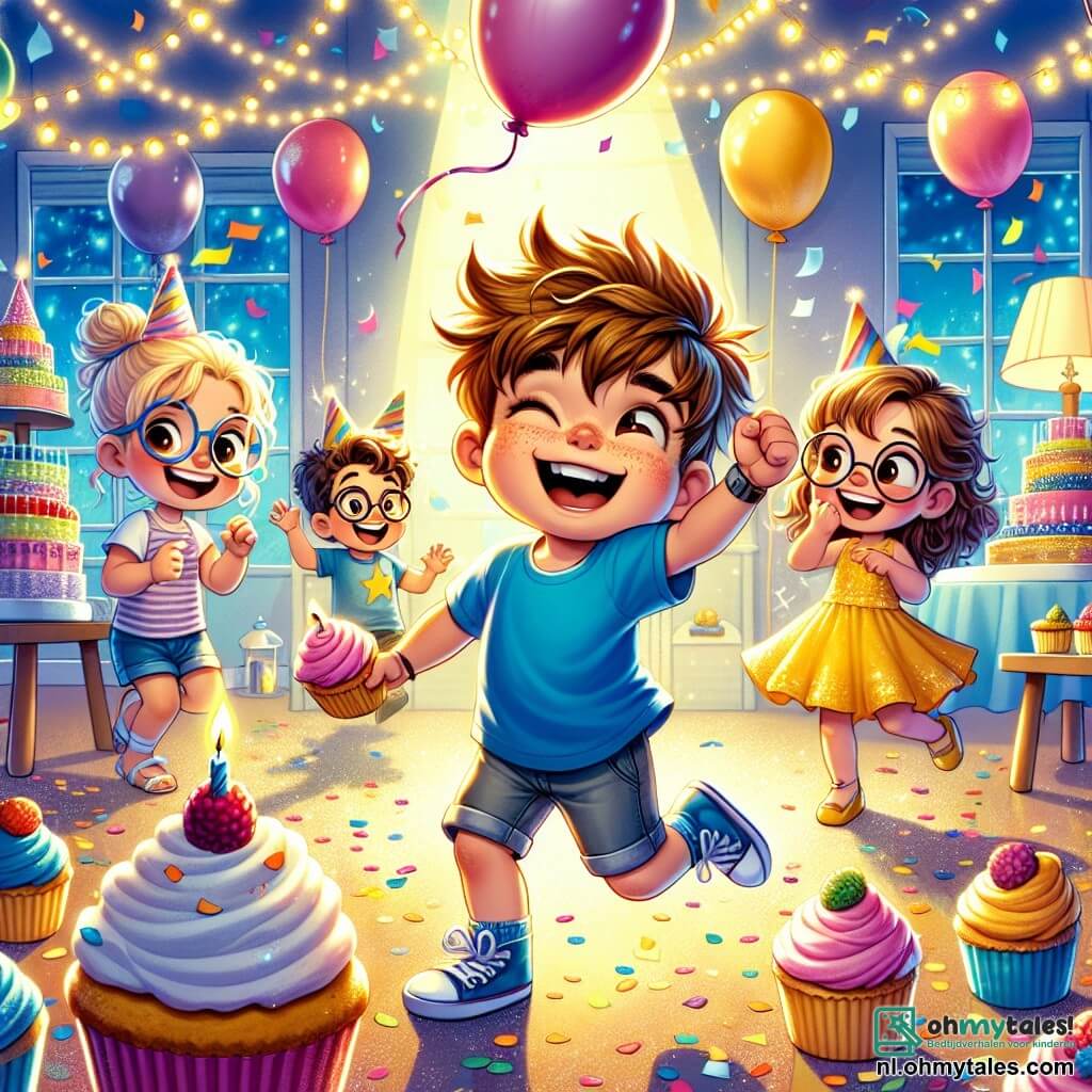 In een kleurrijke feestzaal danst Max, een 7-jarig jongetje met messy bruin haar en een blauwe t-shirt, vrolijk in het midden terwijl hij een roze cupcake vasthoudt. Rechts van hem lacht Sam, een 6-jarig jongetje met ronde bril en blond haar, terwijl hij probeert een grote ballon te vangen die naar het plafond stijgt. Links staat Lisa, een 7-jarig meisje met lang, krullend haar in een gele jurk, die glimlacht terwijl ze een blauwe cupcake vasthoudt, klaar om deze te delen. De ruimte is versierd met kleurrijke slingers en zwevende ballonnen, met een grote houten tafel achterin bedekt met heerlijke, kleurrijke cupcakes. Glimmende confetti ligt verspreid over de vloer en voegt iets toe aan de feestelijke sfeer. Het laat zien hoe Max en zijn vrienden zijn verjaardag vieren, omringd door gelach en vreugde terwijl ze dansen en cupcakes delen, en onvergetelijke herinneringen creëren.