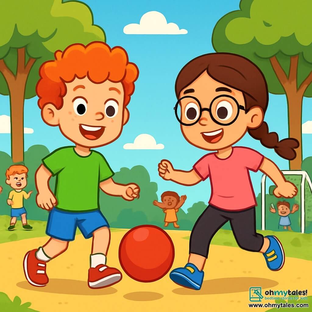 An 8-year-old boy, Oliver, with curly red hair and a big joyful smile, stands in the center of a sunny playground, playing soccer with a bright red ball. He wears a vibrant green t-shirt and blue shorts, and his expression is filled with excitement and determination. Next to him, Mia, a 7-year-old girl with braided brown hair and round glasses, leaps to kick the ball, displaying a radiant smile. She wears a pink t-shirt and black leggings, ready to score a goal. The playground is surrounded by tall trees with shiny green leaves, with children playing in the background. The sky is bright blue, dotted with fluffy white clouds. The scene shows Oliver and Mia playing together, illustrating teamwork and gender equality, as other children cheer them on, creating a joyful and dynamic atmosphere.