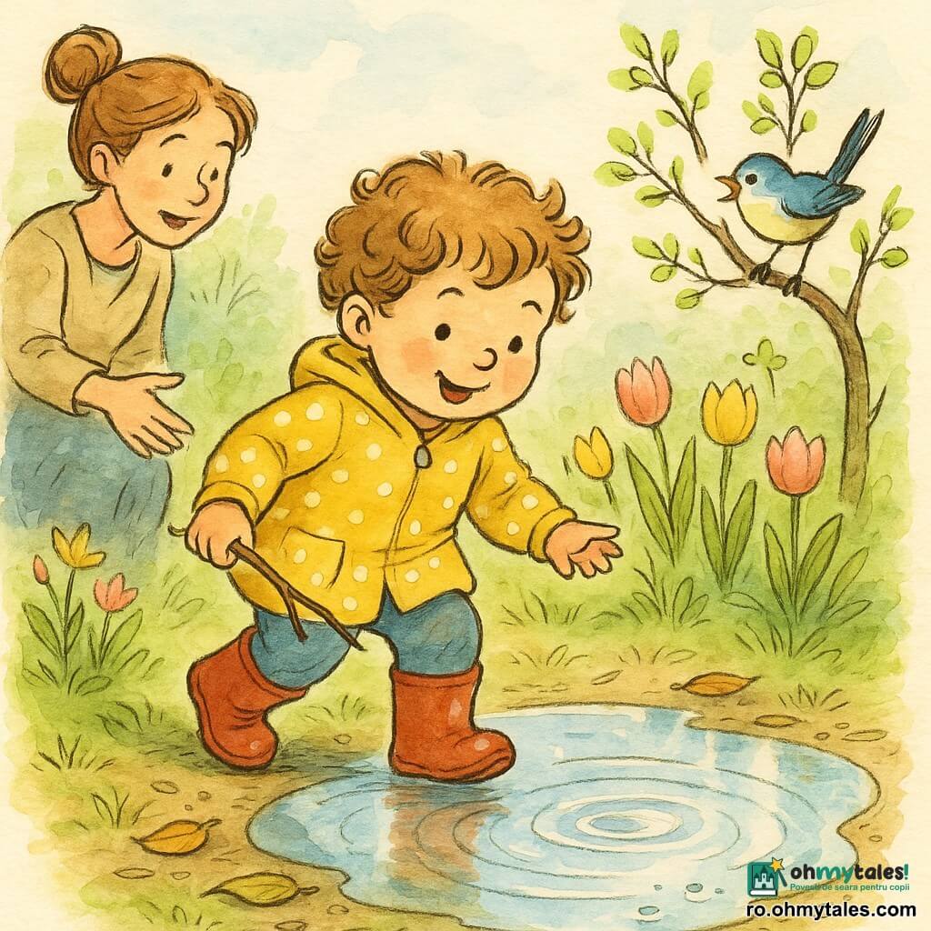 Un băiat de 4 ani, păr șaten creț, obraji rotunzi și zâmbet uimit, privește o baltă mare strălucitoare; poartă o geacă galbenă cu buline albe, cizme roșii murdare și ține o crenguță, iar mama (~30 ani) cu părul în coc, față blândă și privire binevoitoare stă în spate cu mâna întinsă; o pasăre mică albastră cu burtă albă e pe o ramură joasă; loc: grădină de primăvară cu gazon umed, lalele și un pom tânăr; scena arată băiatul apropiindu-se de o baltă reflectorizantă cu stropi în cerc, lumină blândă de dimineață; stil: tuș fin, acuarelă luminoasă, textură de hârtie, atmosferă veselă și tandră.