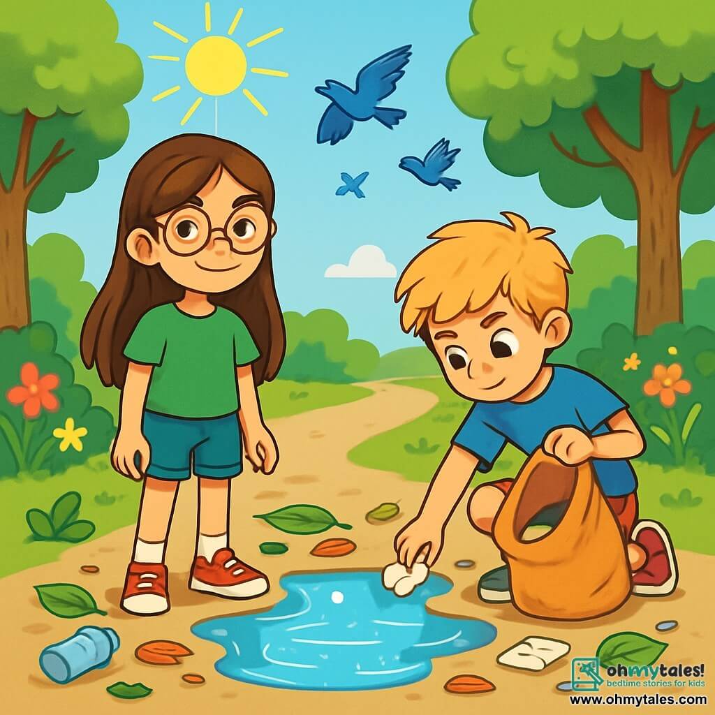 A 10-year-old girl, Sophie, with long brown hair and round glasses, stands by a large puddle sparkling in the sun. She has a determined smile and sparkling eyes, wearing a green t-shirt and denim shorts. Next to her, her friend Max, a 10-year-old boy with messy blonde hair and a blue t-shirt, is picking up litter around the puddle, looking focused and engaged. The setting is a lush park with majestic trees and colorful flowers lining the path. The sky is bright blue, and birds are happily flying above them. The main scene shows Sophie and Max cleaning the puddle, surrounded by leaves and trash, symbolizing their commitment to protecting the environment and combating climate change.