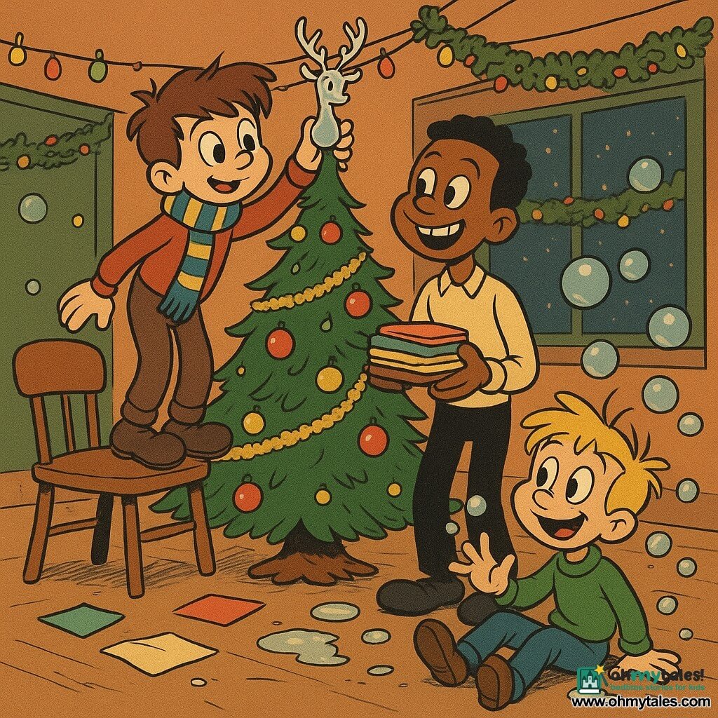 There are 3 characters: Ollie, a 12-year-old boy with tousled brown hair and hazel eyes, wears a blue and gold striped wool scarf. He stands on a chair, delicately placing a small glass reindeer with silver antlers on top of a tall Christmas tree. Max, a 12-year-old boy, tall and thin with a gap-toothed smile, stands next to the chair holding a stack of colorful paper napkins, looking at Ollie with admiration. Jasper, a 12-year-old boy with messy blonde hair, sits on the floor surrounded by floating soap bubbles, laughing and trying to catch a bubble with his hand. The setting is a warm community hall decorated for Christmas, with twinkling string lights in the windows and a large Christmas tree adorned with colorful ornaments and golden garlands. The floor is scattered with some paper napkins and small puddles of soap. The main scene shows Ollie, Max, and Jasper tidying up after a Christmas party, capturing a moment of camaraderie and joy as they place the precious ornament back on the tree, surrounded by soap bubbles gently floating in the air.
