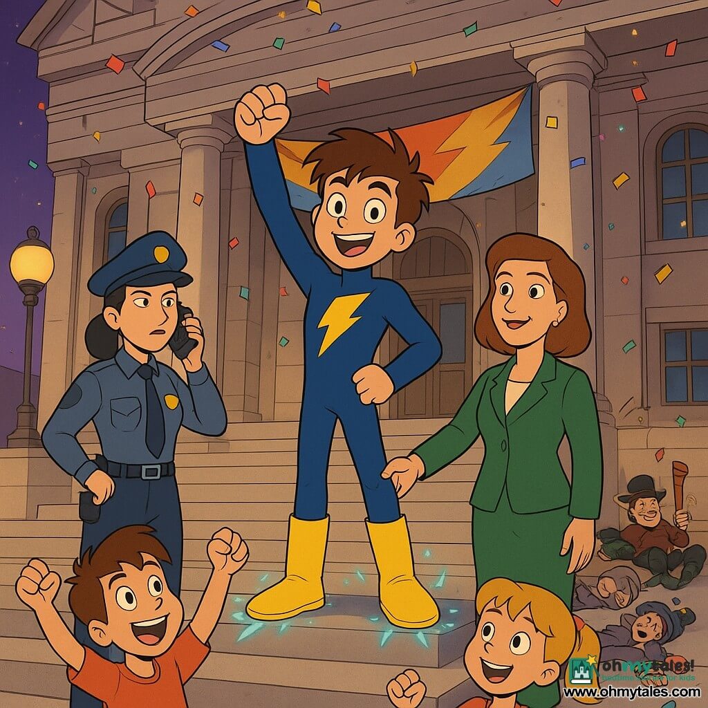 Max Sparks, ~13, smiling and proud with messy brown hair, stands triumphantly on marble city-hall steps in a fitted navy suit with a large yellow lightning on the chest and bright yellow boots emitting soft blue sparks; Chief of Police Luna, ~35, determined, grey-blue uniform, speaks into a walkie on his left; Mayor Willow, ~45, elegant in green, shakes his hand on his right; an ~8-year-old boy and ~7-year-old girl in the crowd, amazed and colorful-clad, mimic his pose; three subdued, nonthreatening villains (one groggy juggler hung on a metal crate) lie near officers in the background; the scene shows a beige stone city hall with white columns, wide marble stairs, colorful banners, art-deco streetlamps, a purple twilight sky with stars, warm city lighting, confetti, and a joyful, reassuring festive victory after a heroic intervention.