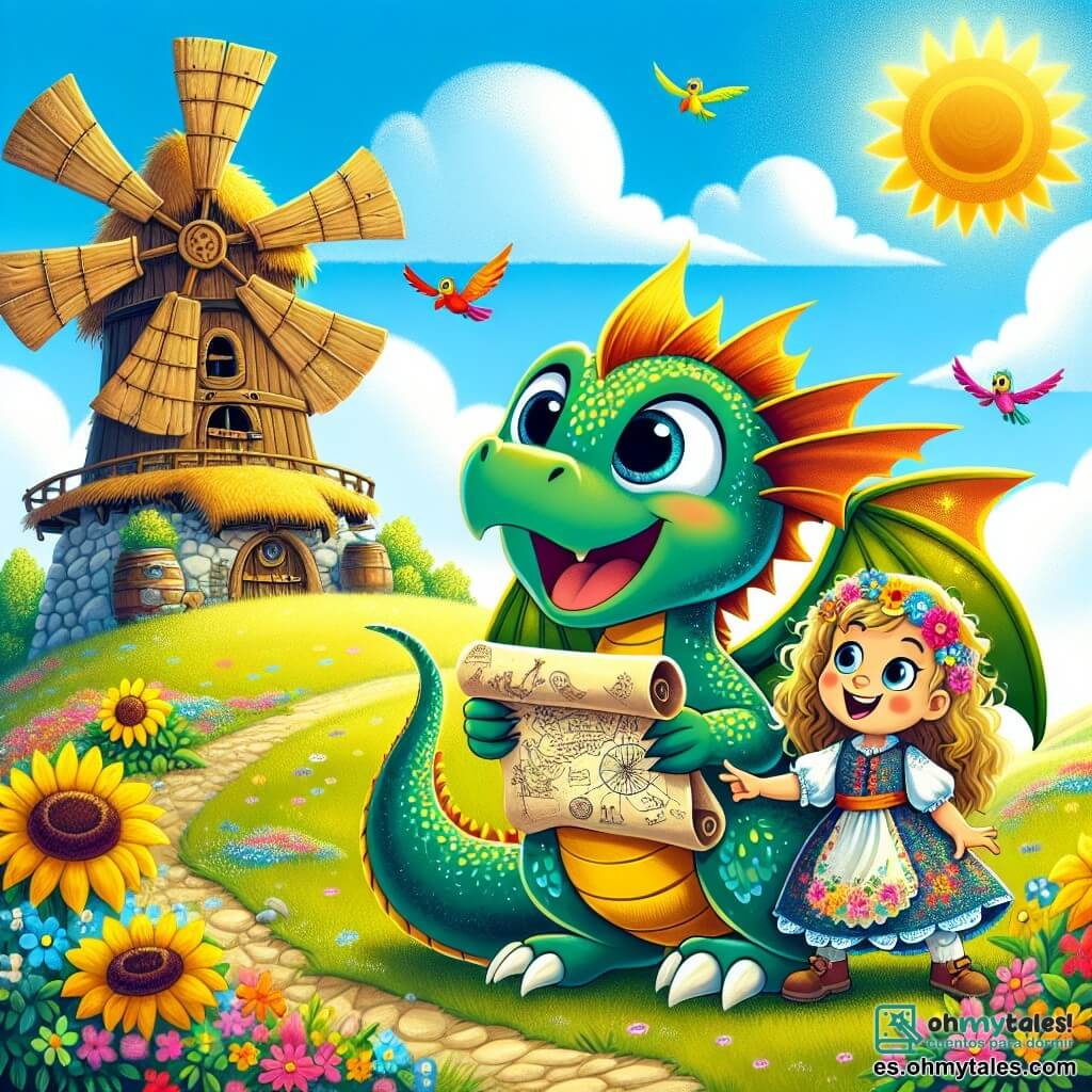 Un pequeño dragón de escamas brillantes, Titín, está en el centro de la imagen, con escamas que van del verde esmeralda al dorado, expresando gran emoción con sus ojos brillantes. Se sostiene sobre sus patas traseras, con un antiguo rollo de mapa enrollado en sus pequeñas garras, listo para la aventura. A su lado, Ana, una niña de cabello rizado y dorado, lleva un vestido colorido adornado con flores. Sonríe con entusiasmo, sus ojos brillantes de curiosidad, mientras señala una vieja cabaña al fondo, llena de misterios. El decorado es una colina soleada, salpicada de flores silvestres vibrantes y grandes girasoles, con un viejo molino de madera al fondo, cuyas grandes alas giran suavemente al viento. La situación principal muestra a Titín y Ana, listos para explorar la cabaña encantada, rodeados de una atmósfera mágica, llena de luz y aventura, con aves coloridas volando en el cielo azul.