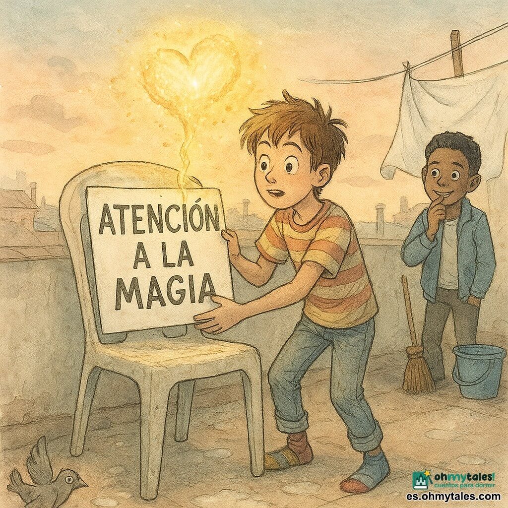 Un niño de 12 años decidido y maravillado, pelo castaño alborotado, camiseta de rayas, vaqueros desgastados y calcetines desparejados, sostiene un gran cartel blanco donde se lee ATENCIÓN A LA MAGIA y lo está pegando al respaldo de una silla de plástico en una azotea; su amigo de unos 12 años, pelo corto y sonrisa traviesa, se queda un poco atrás junto a un tendedero con la mano en la boca; la silla, algo abollada, actúa como personaje secundario con el cartel medio pegado; sobre la silla surge un cojín luminoso dorado, flotante, hecho de hilos de luz con textura de lana; la azotea urbana estrecha al crepúsculo muestra manchas de jabón, sábanas blancas en cuerdas, un cubo azul y una escoba vieja, y al fondo tejados y chimeneas bajo un cielo pastel; ambiente fantasía humorística, tinta fina y acuarela suave, contrastes cálidos alrededor del cojín y pequeños toques cómicos como una paloma sorprendida y el cartel algo inclinado.